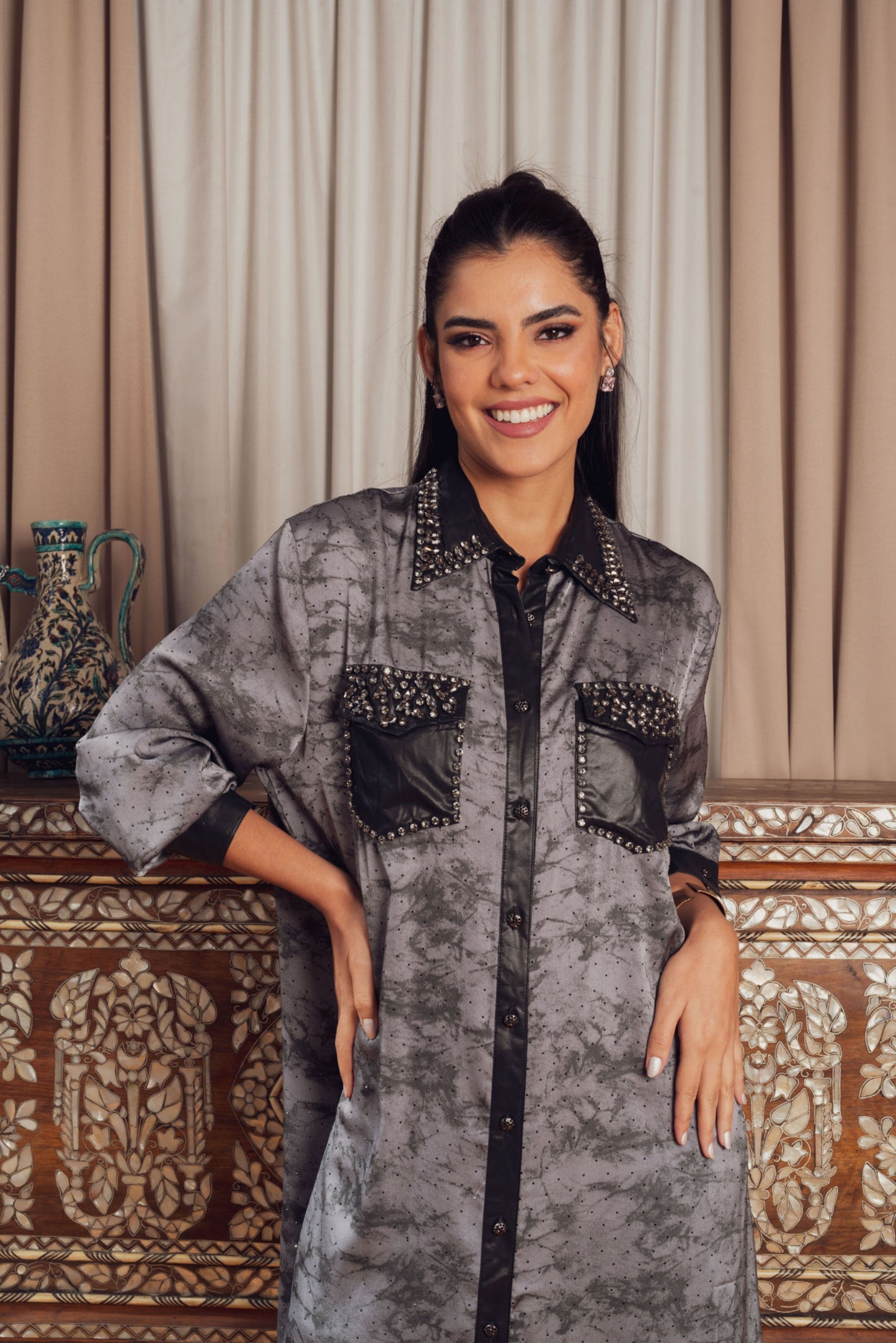 button-down dress with black leather pocket