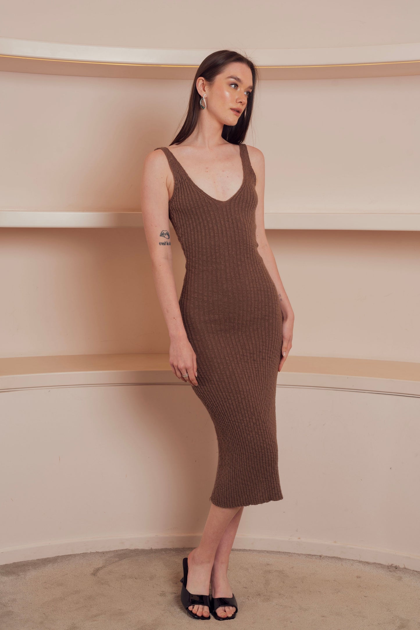 brown, form-fitting, ribbed knit midi dress