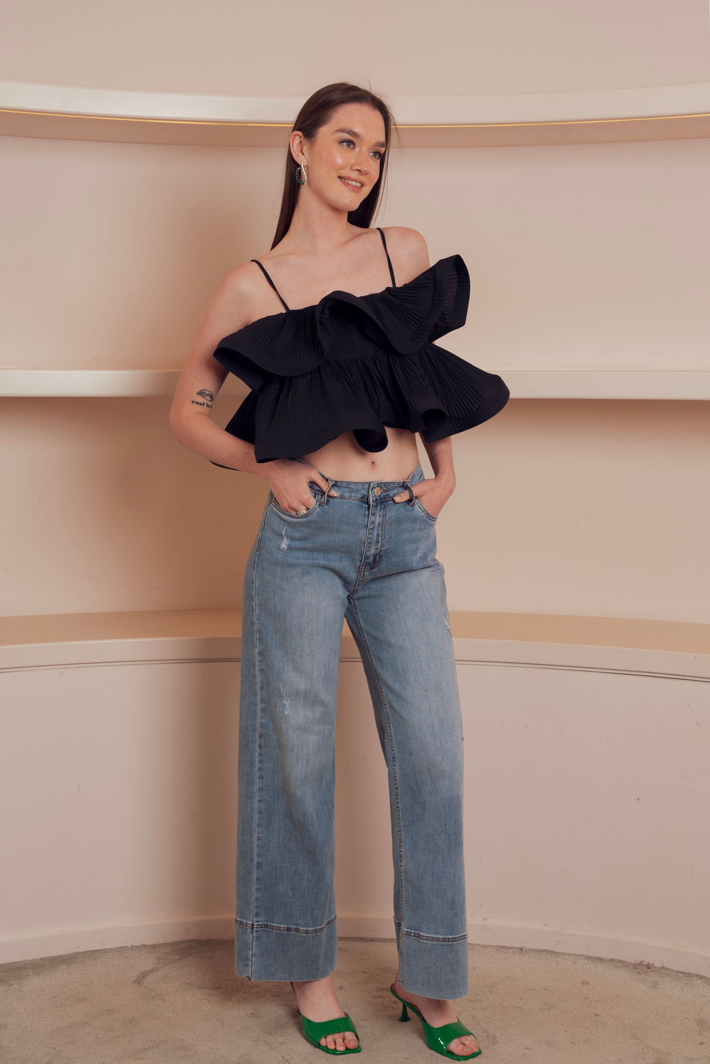 Black ruffled crop top
