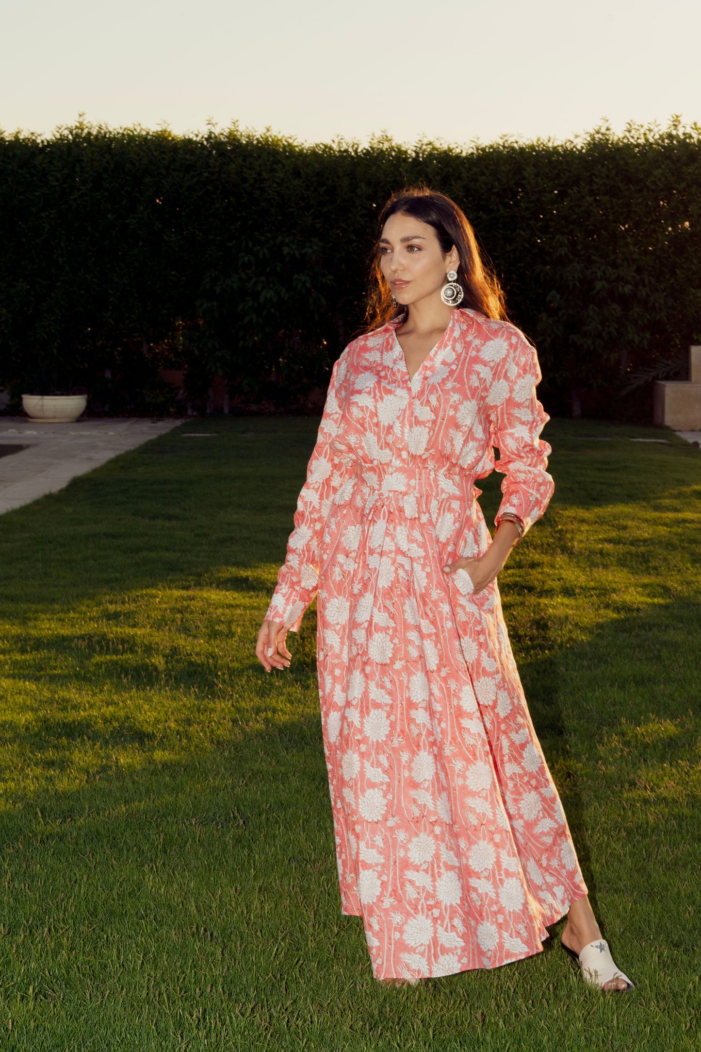 Floral Print Maxi Shirt Dress in Coral Pink.