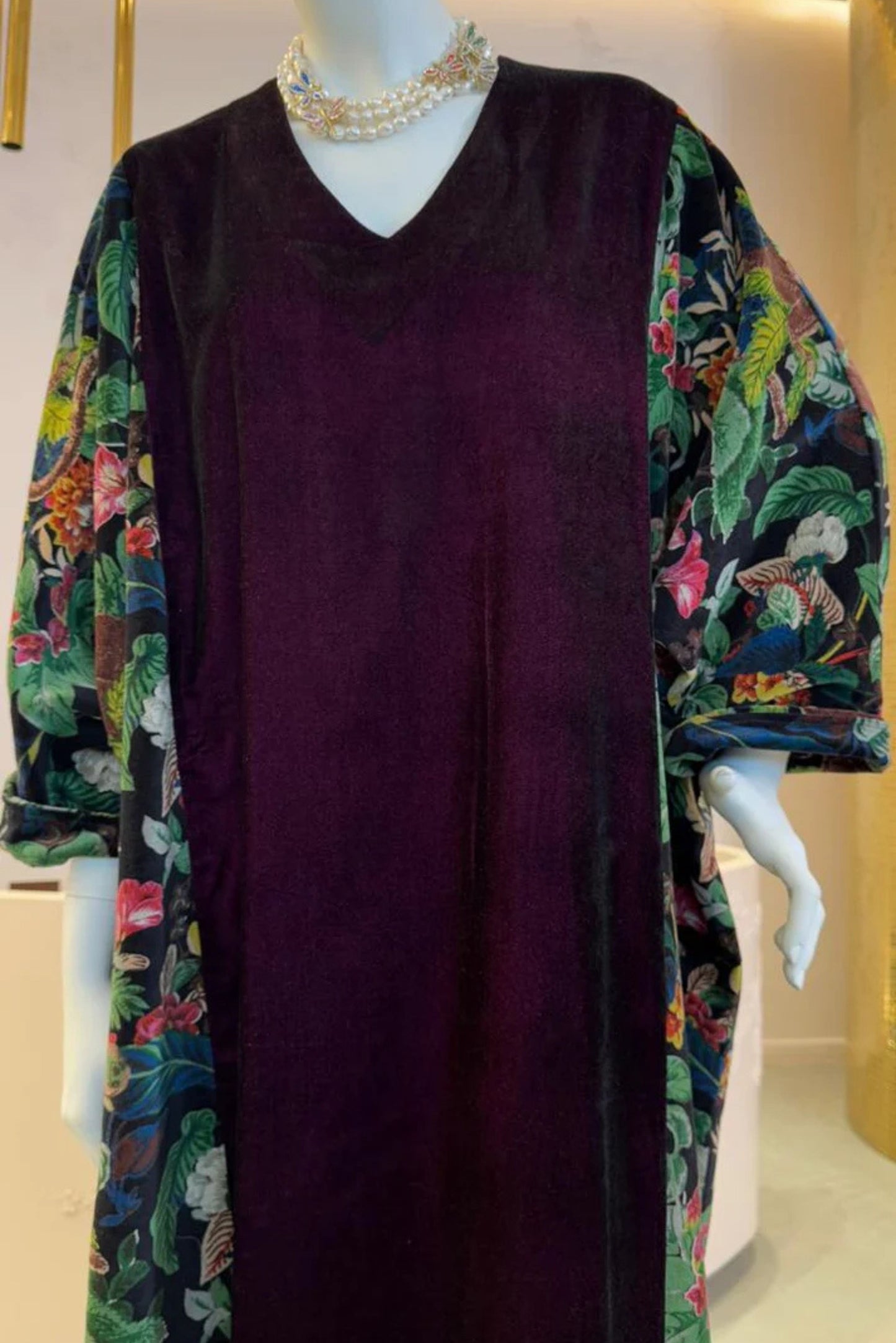 Velvet and Floral Print Top with Embellished Sleeves
