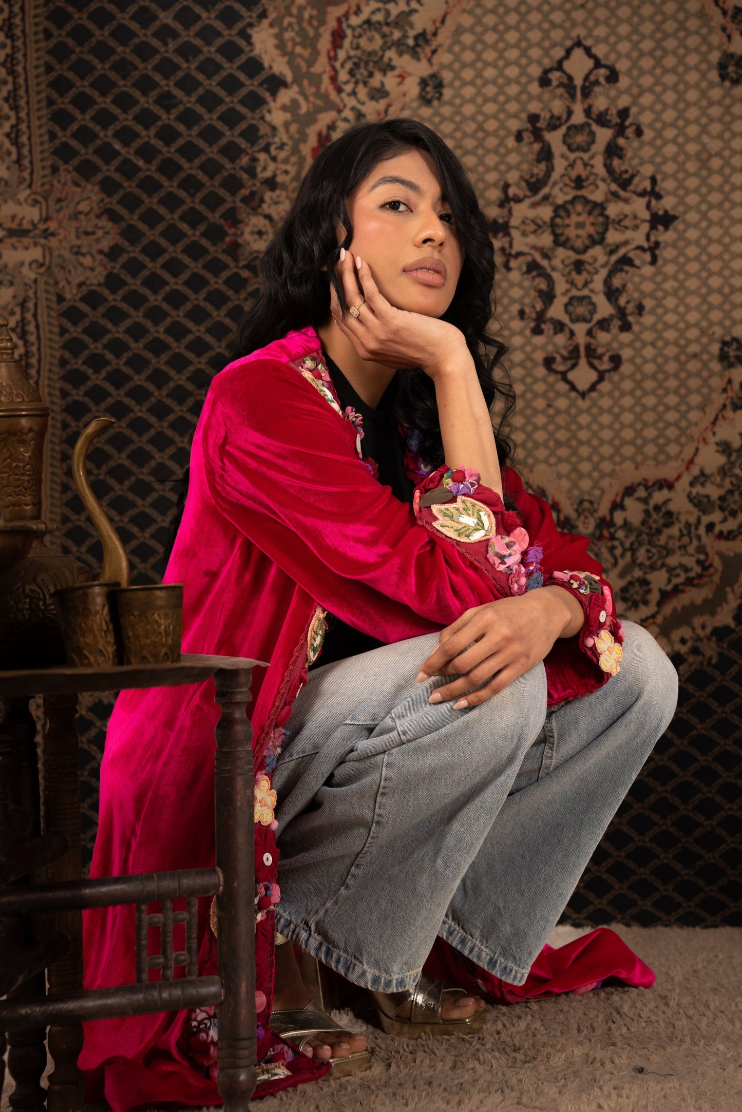 Short Velvet Kaftan with Floral Design