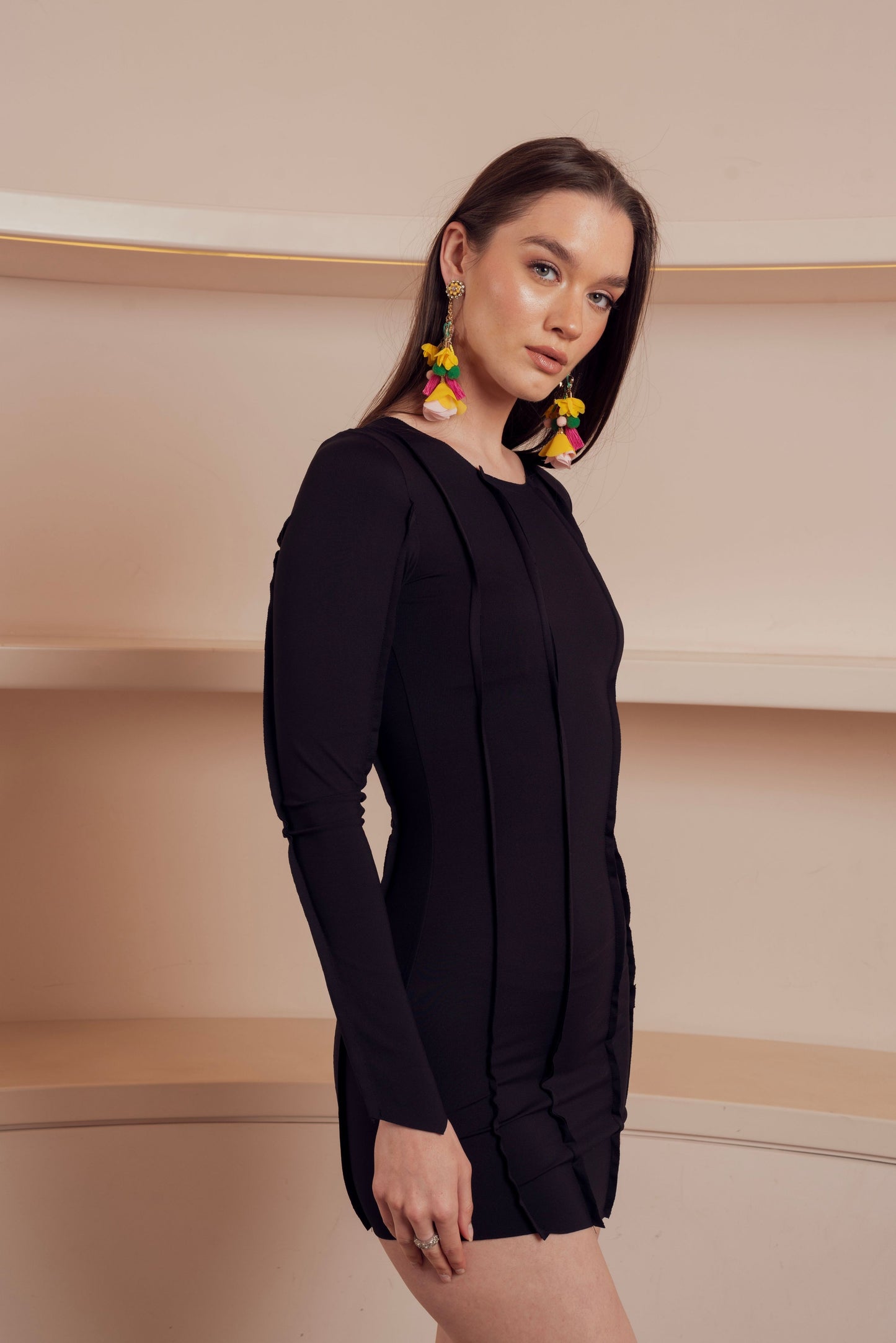 Fitted black mini dress with long sleeves and structured seam detailing.