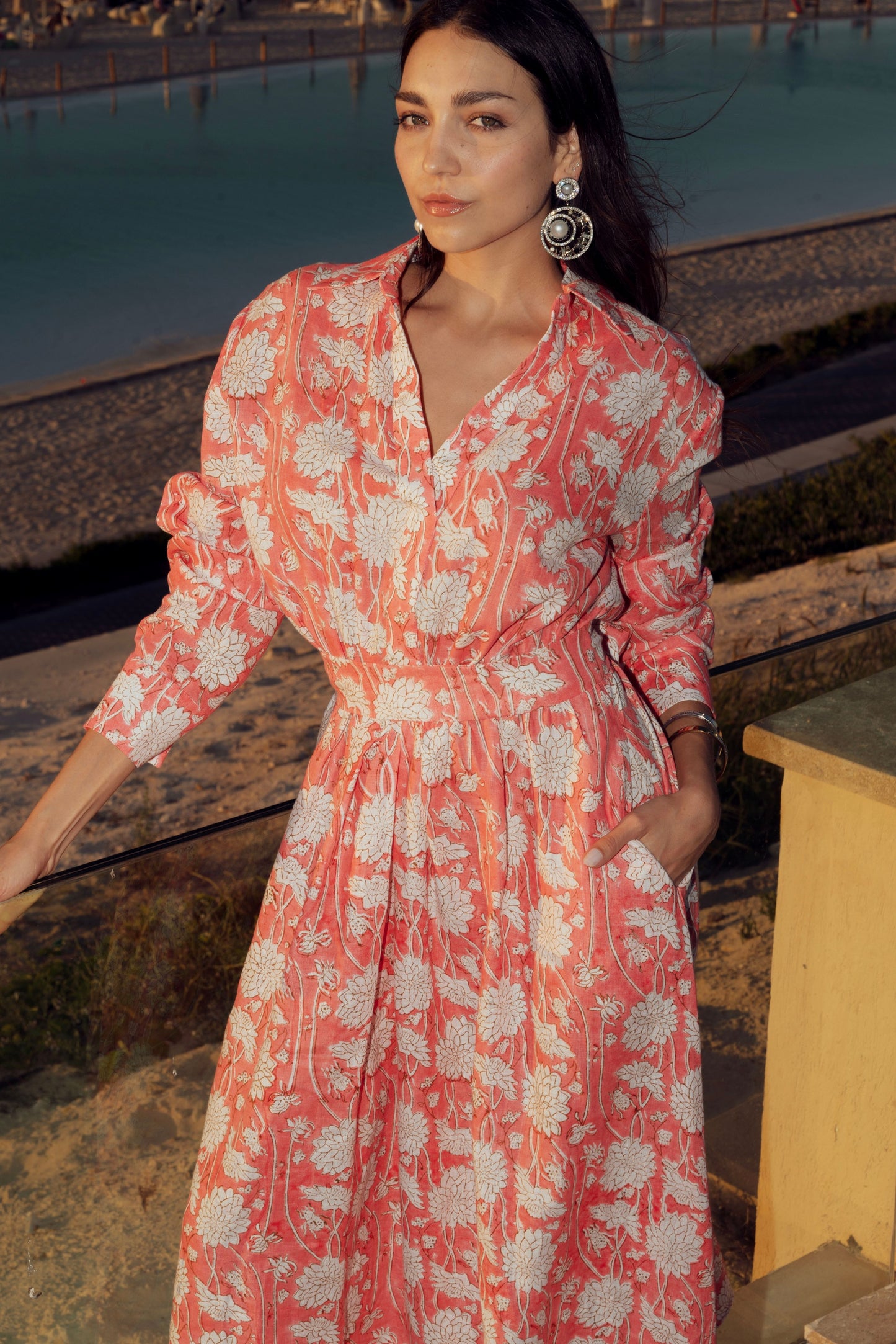 Floral Print Maxi Shirt Dress in Coral Pink.