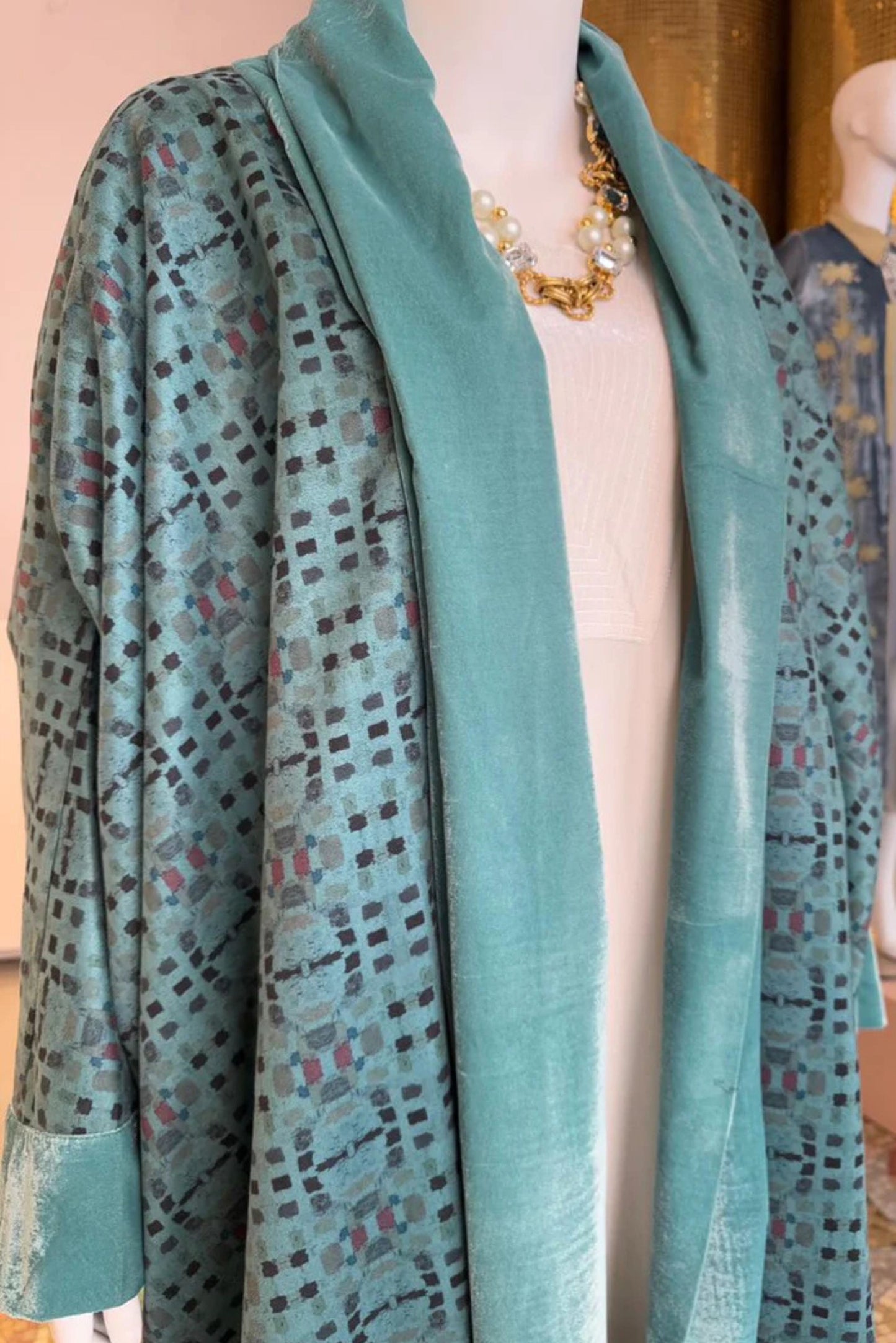 Velvet Duster Coat over Printed Maxi Dress