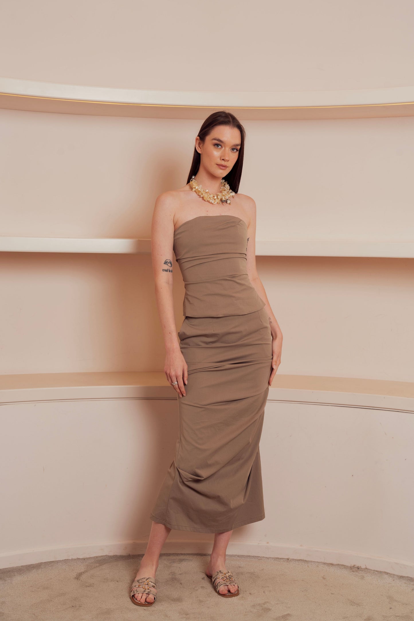 Strapless Ruched Midi Dress.