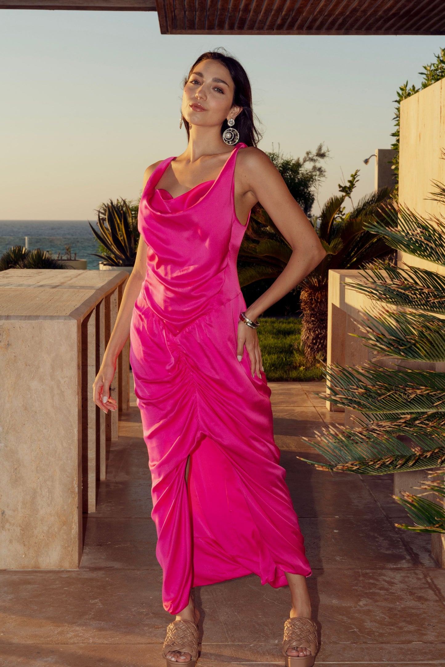 Draped Satin Maxi Dress in Fuchsia Pink.