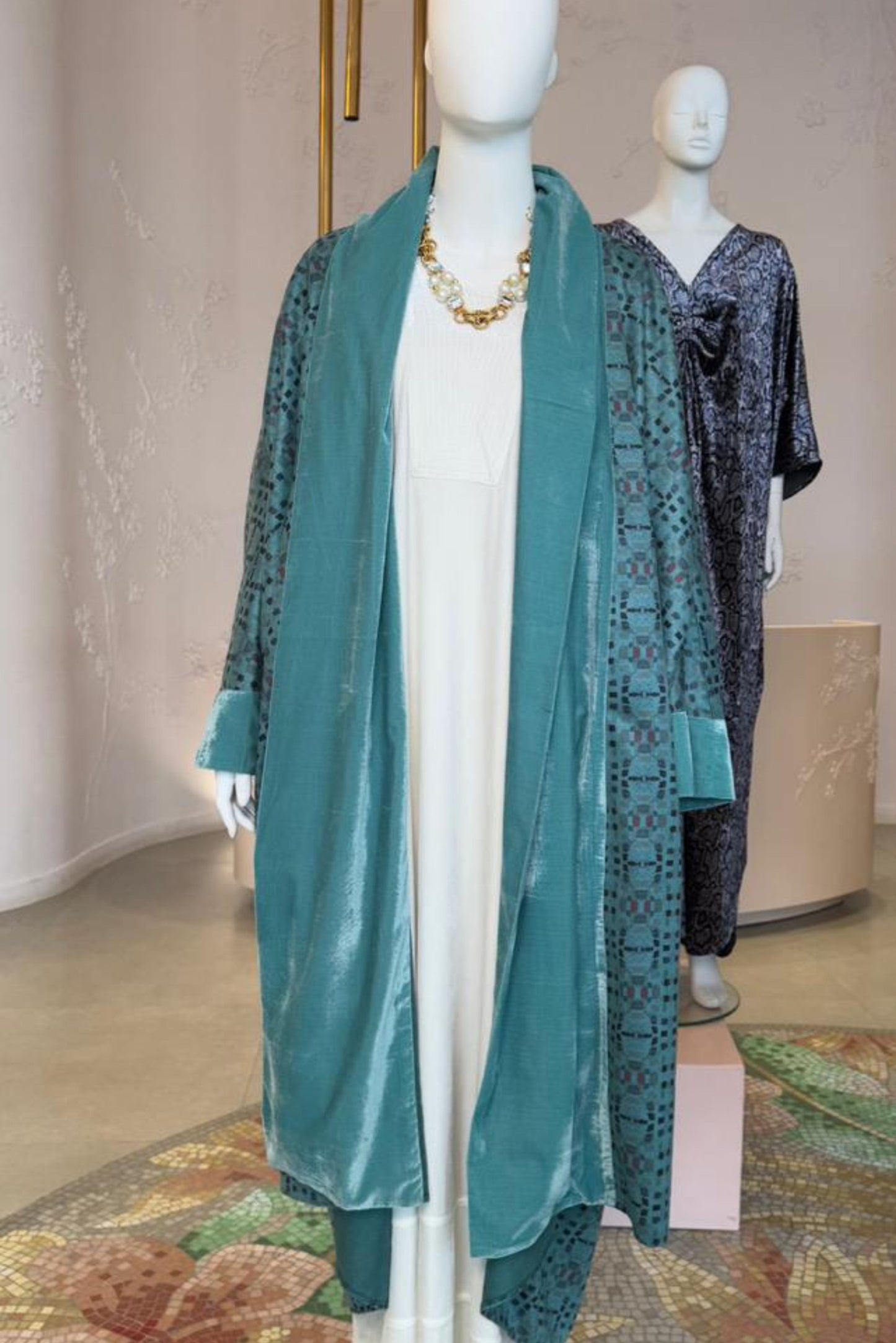 Velvet Duster Coat over Printed Maxi Dress