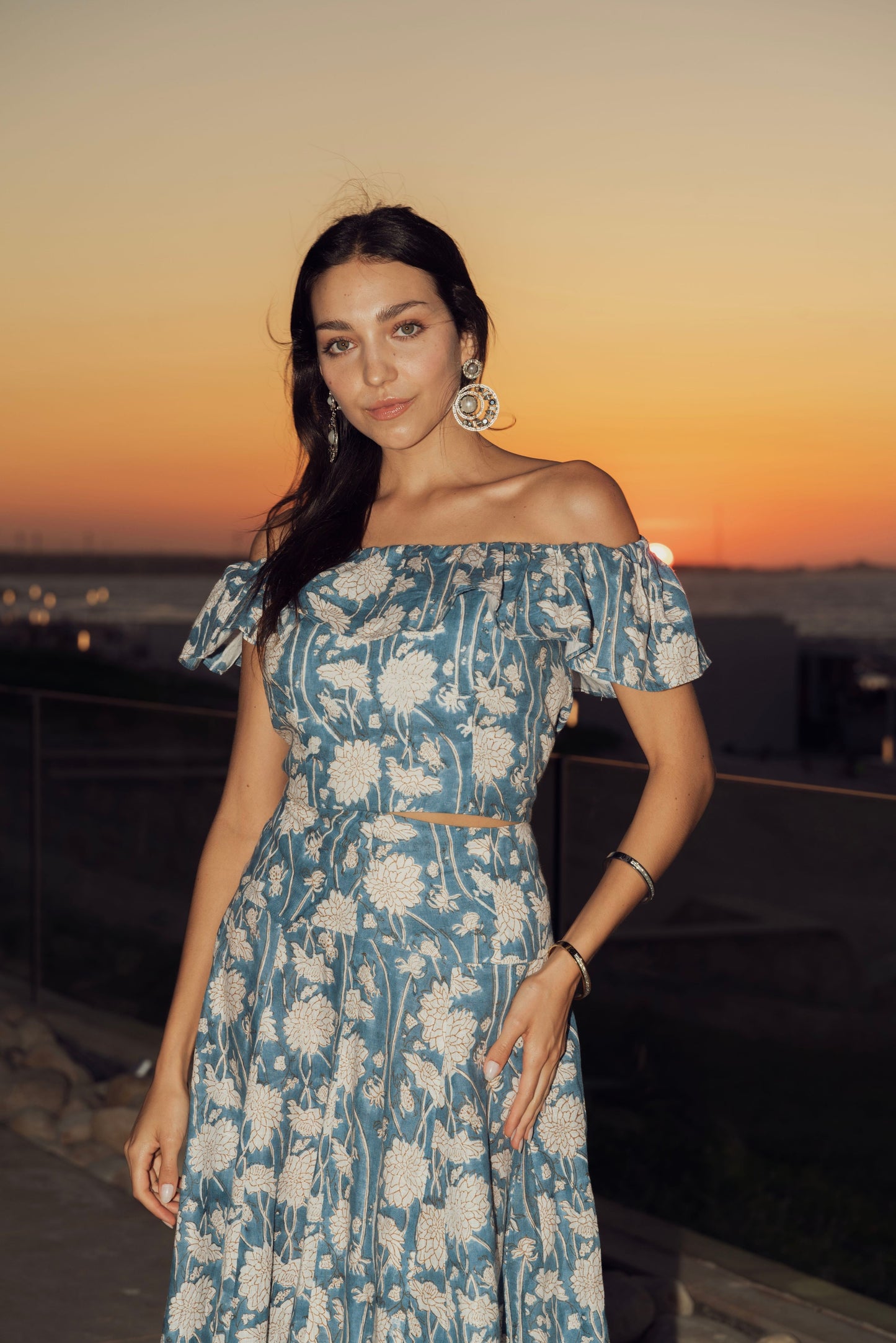 Blue skirt with white printed flowers