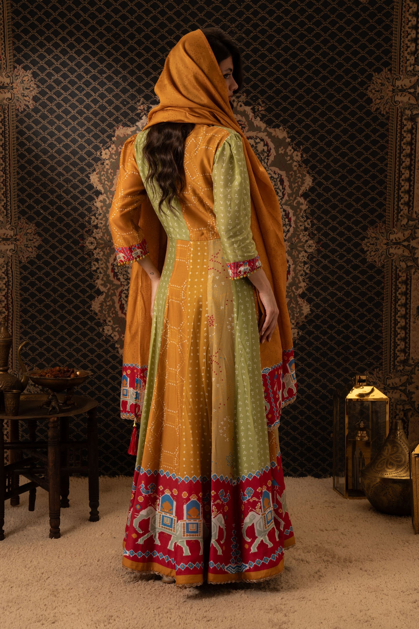 Mustard & Olive Anarkali Dress with Elephant Border Dupatta