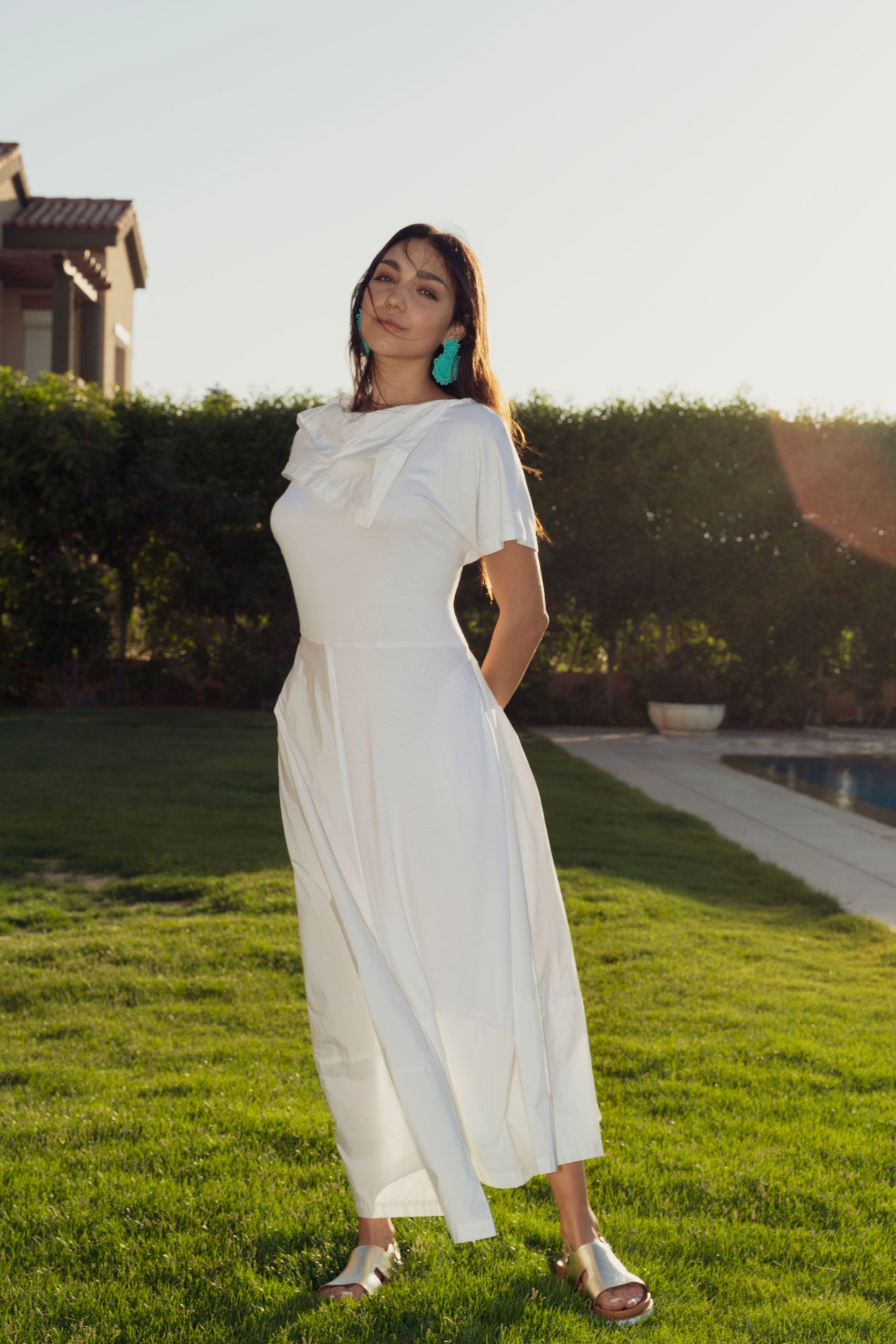 White Asymmetric Flowing Dress.