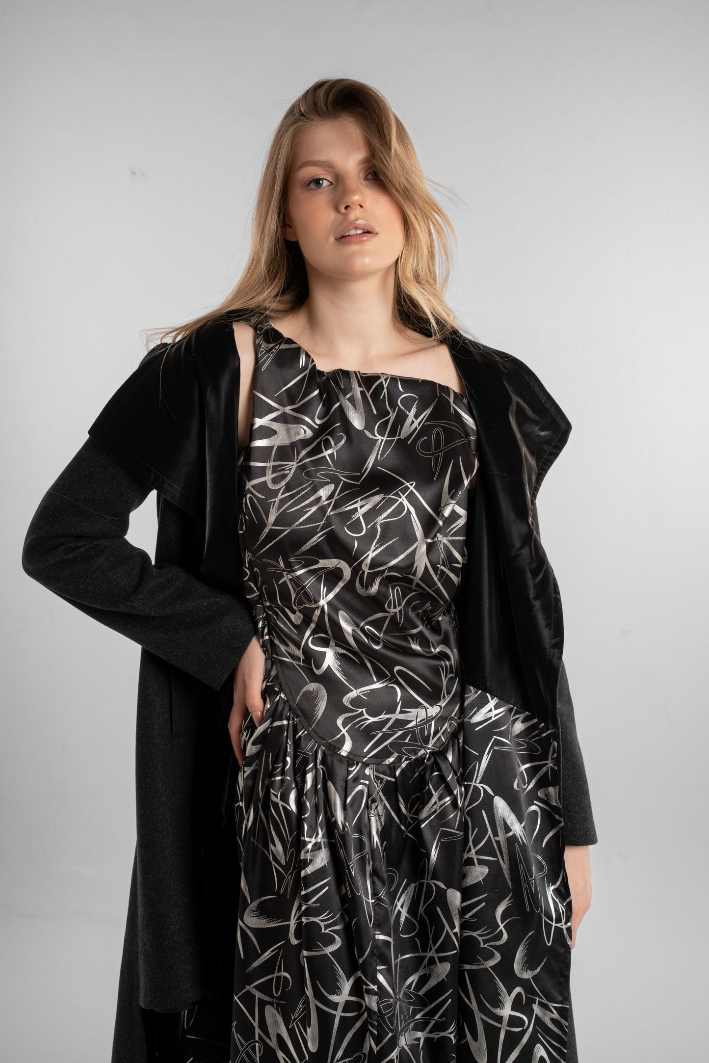 Black Printed Satin Dress