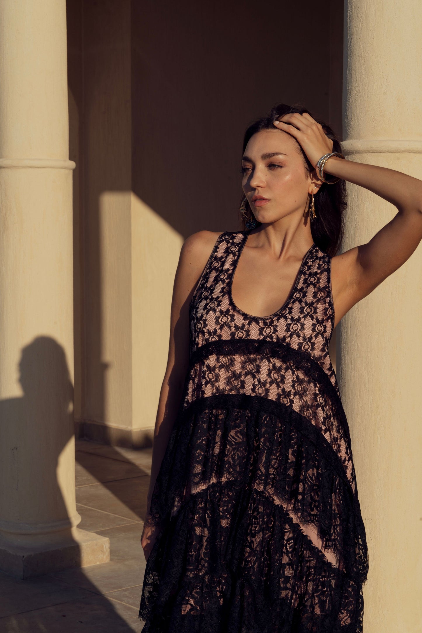 Sheer Elegance Asymmetrical Black Lace Dress.
