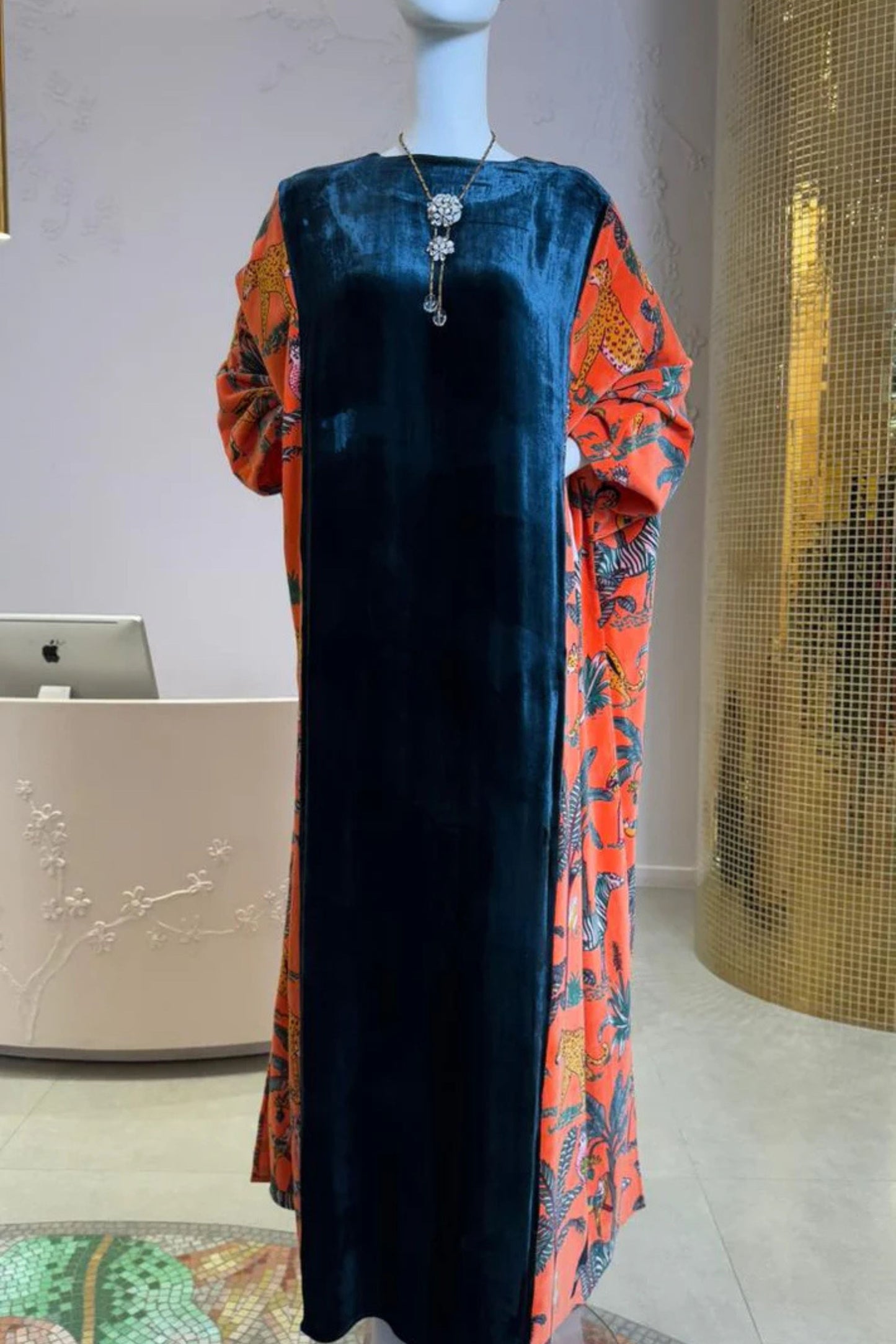 Velvet Dress with Orange and Blue Patterned Sleeves