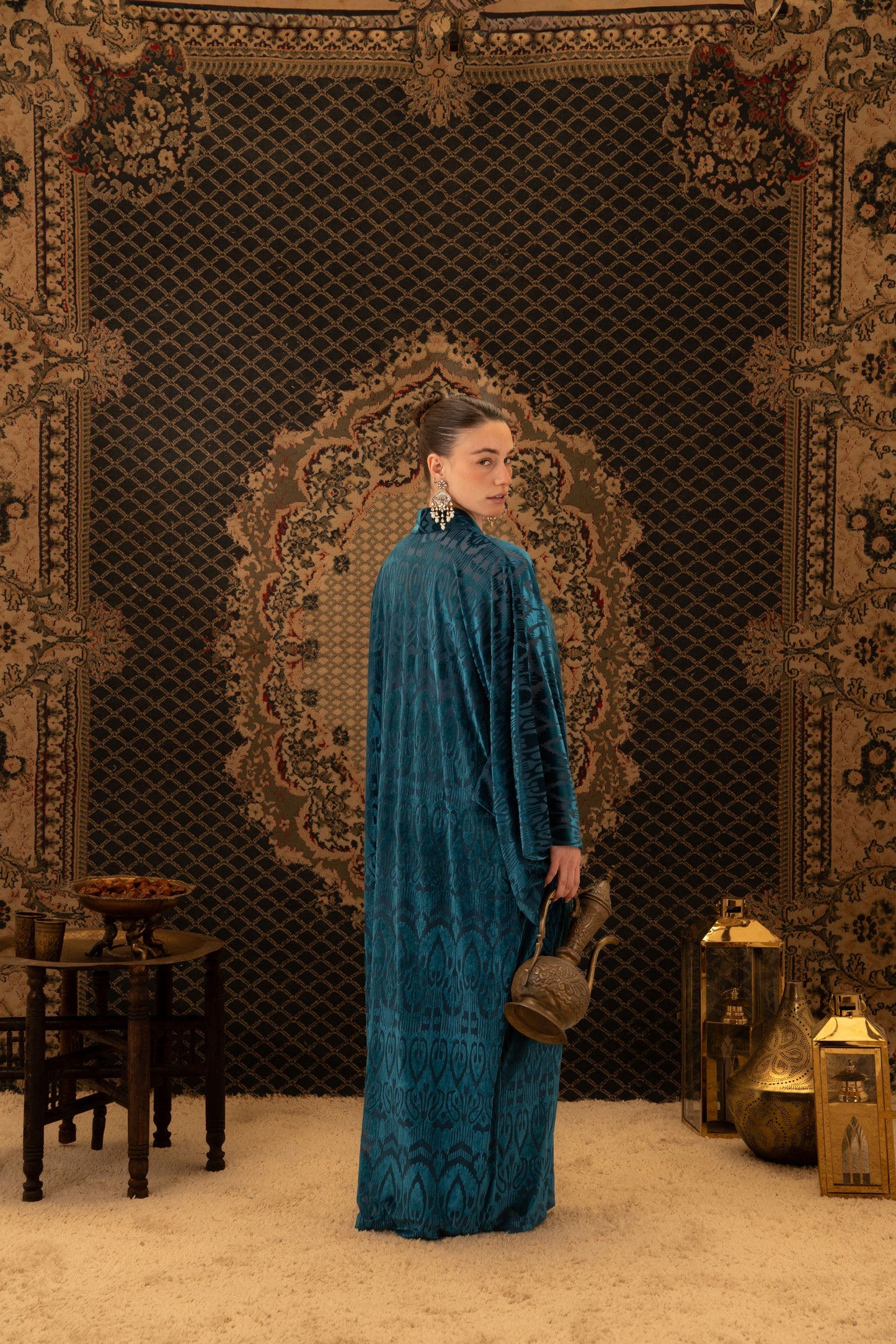 Teal Printed Velvet Kaftan