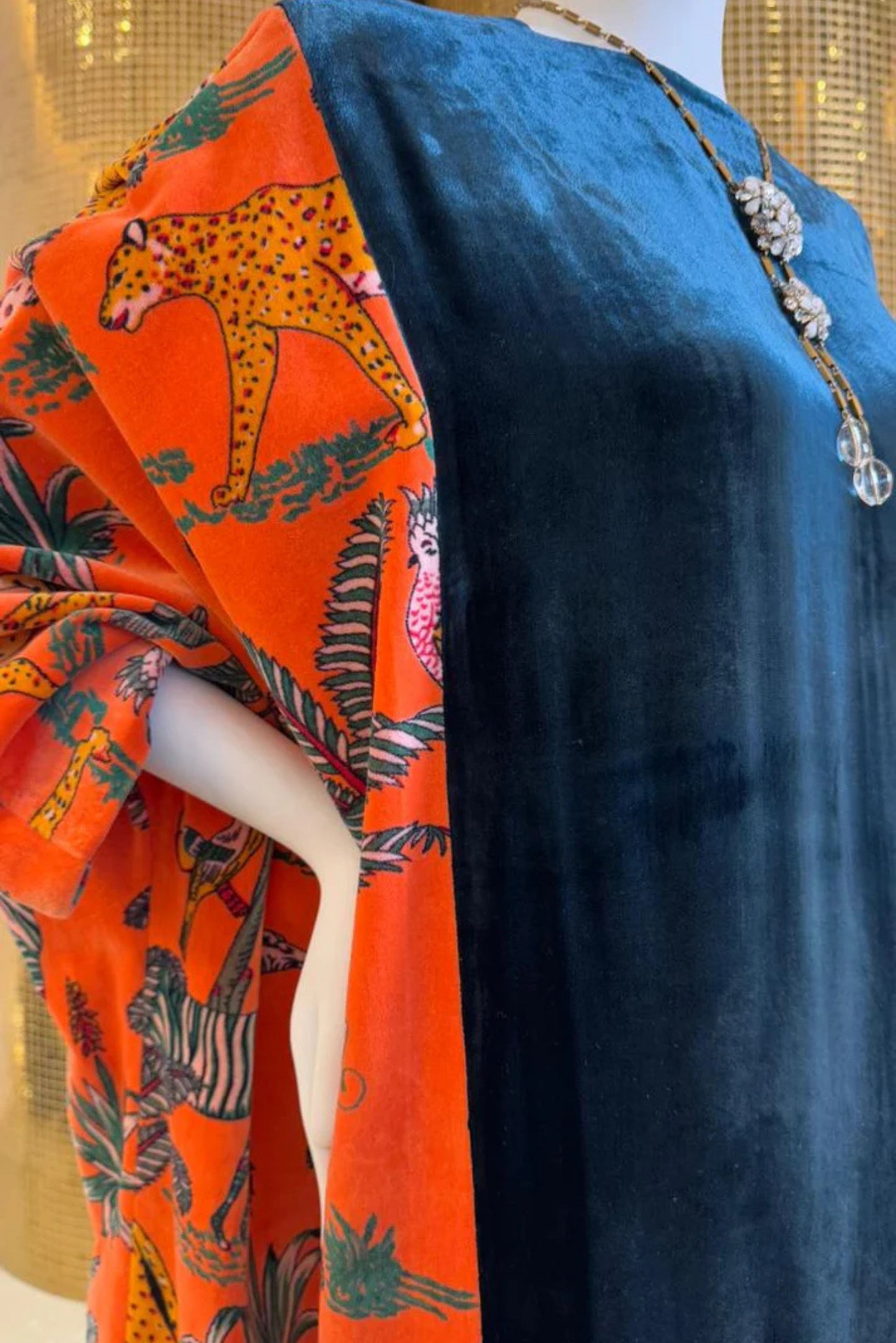 Velvet Dress with Orange and Blue Patterned Sleeves