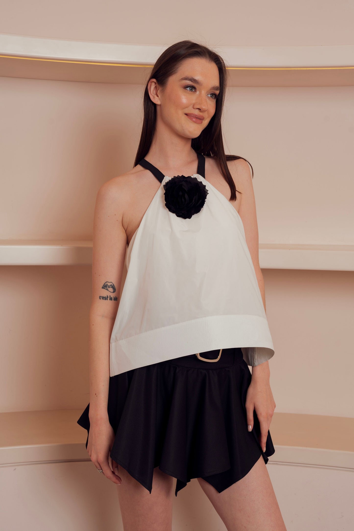 white halter neck top With a white rose