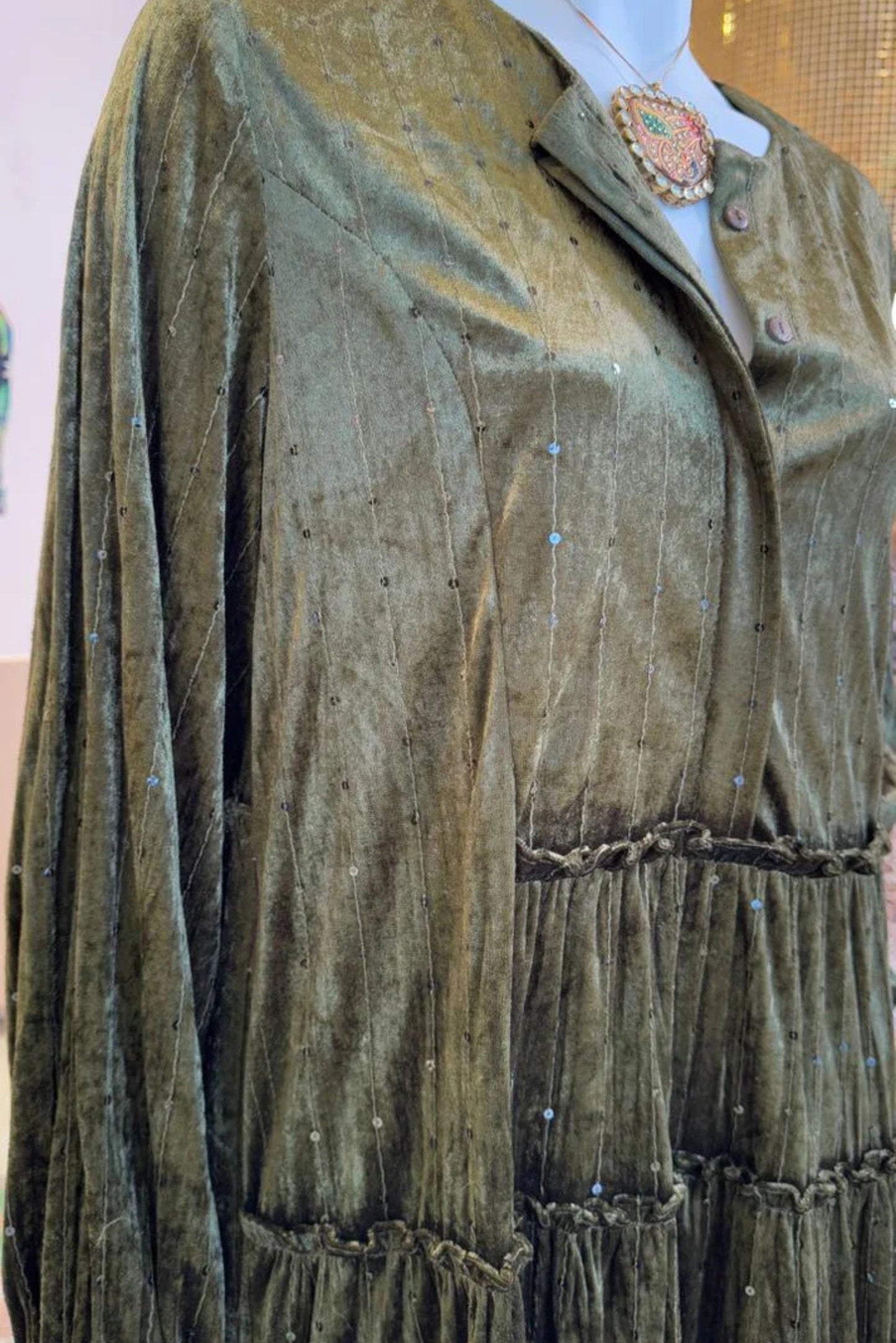 Long Sleeve Velvet Tiered Dress with Embellishments