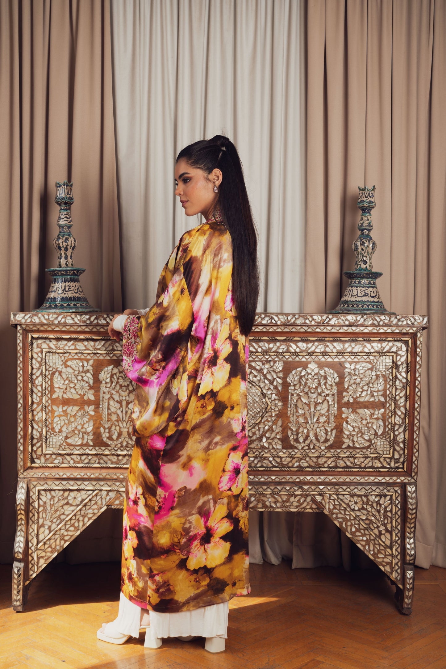 A vibrant open-front kaftan
