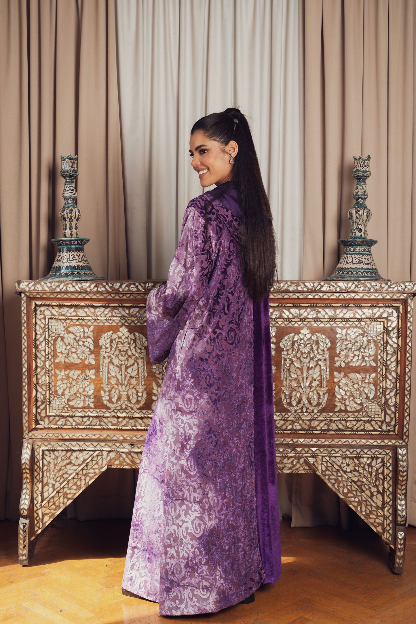 Purple and Lavender Velvet Hooded Robe with Matching Belt
