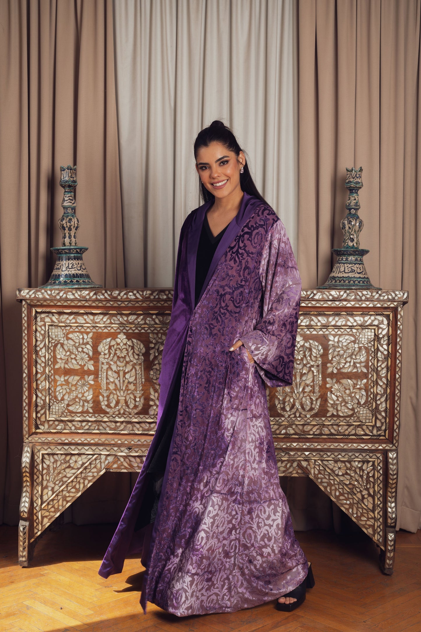 Purple and Lavender Velvet Hooded Robe with Matching Belt