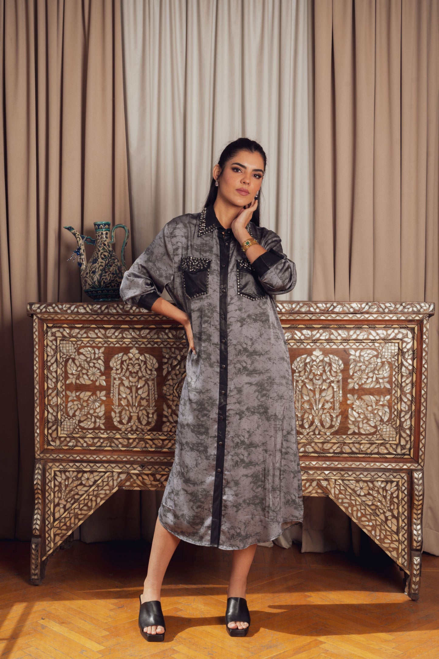 button-down dress with black leather pocket