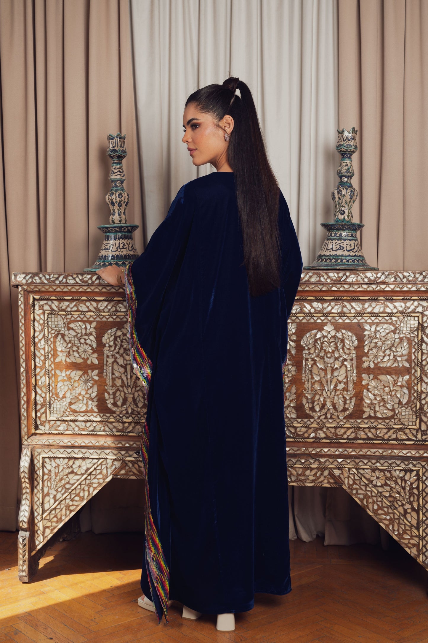 kaftan featuring rich navy velvet