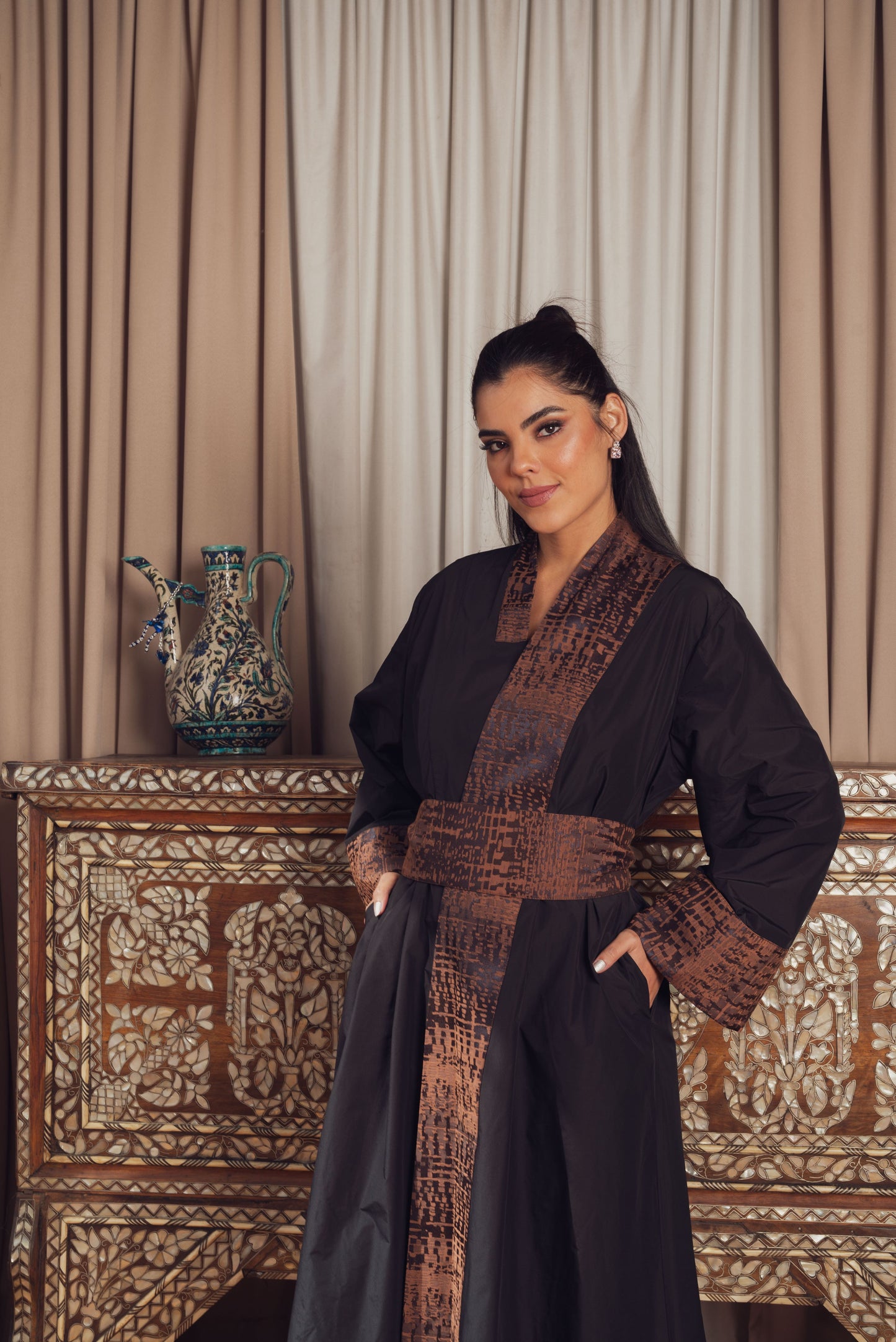 Black Kimono with Abstract Print Trim and Belt.