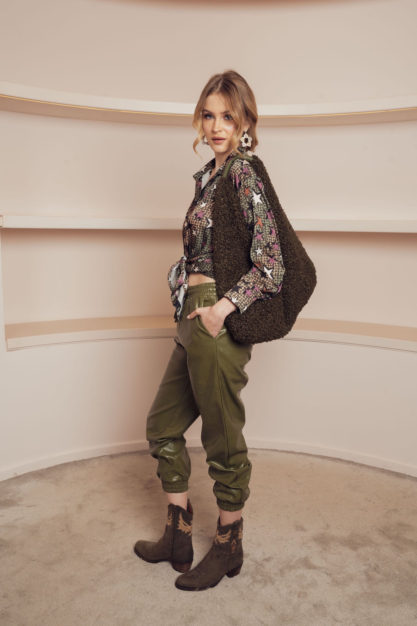 LEATHER OLIVE PANTS