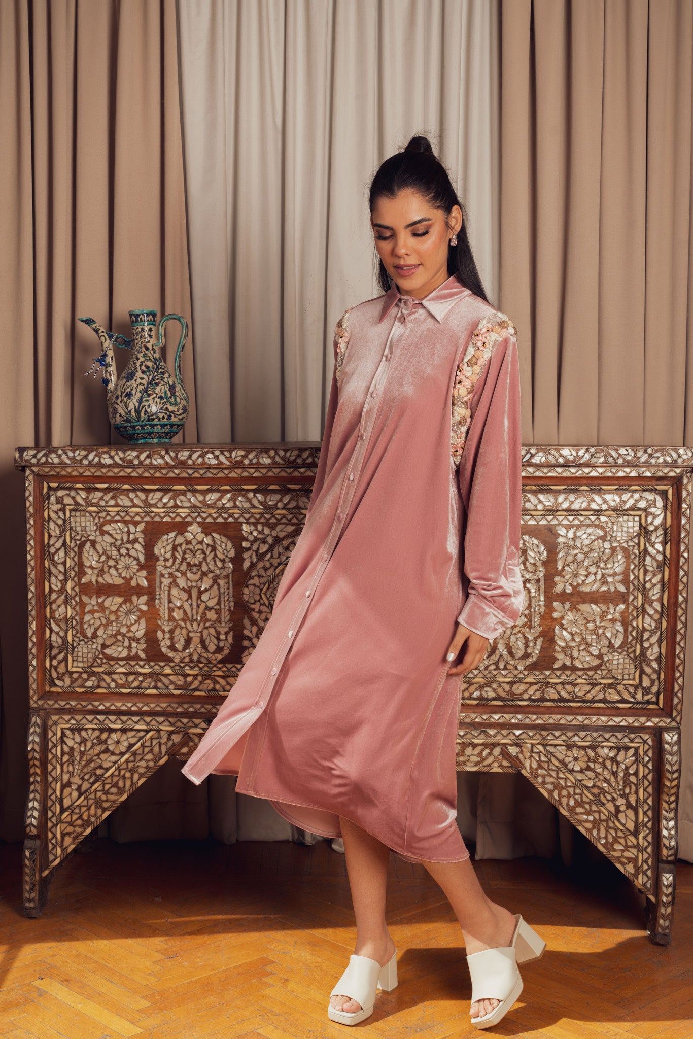 pink velvet dress with floral embroidery