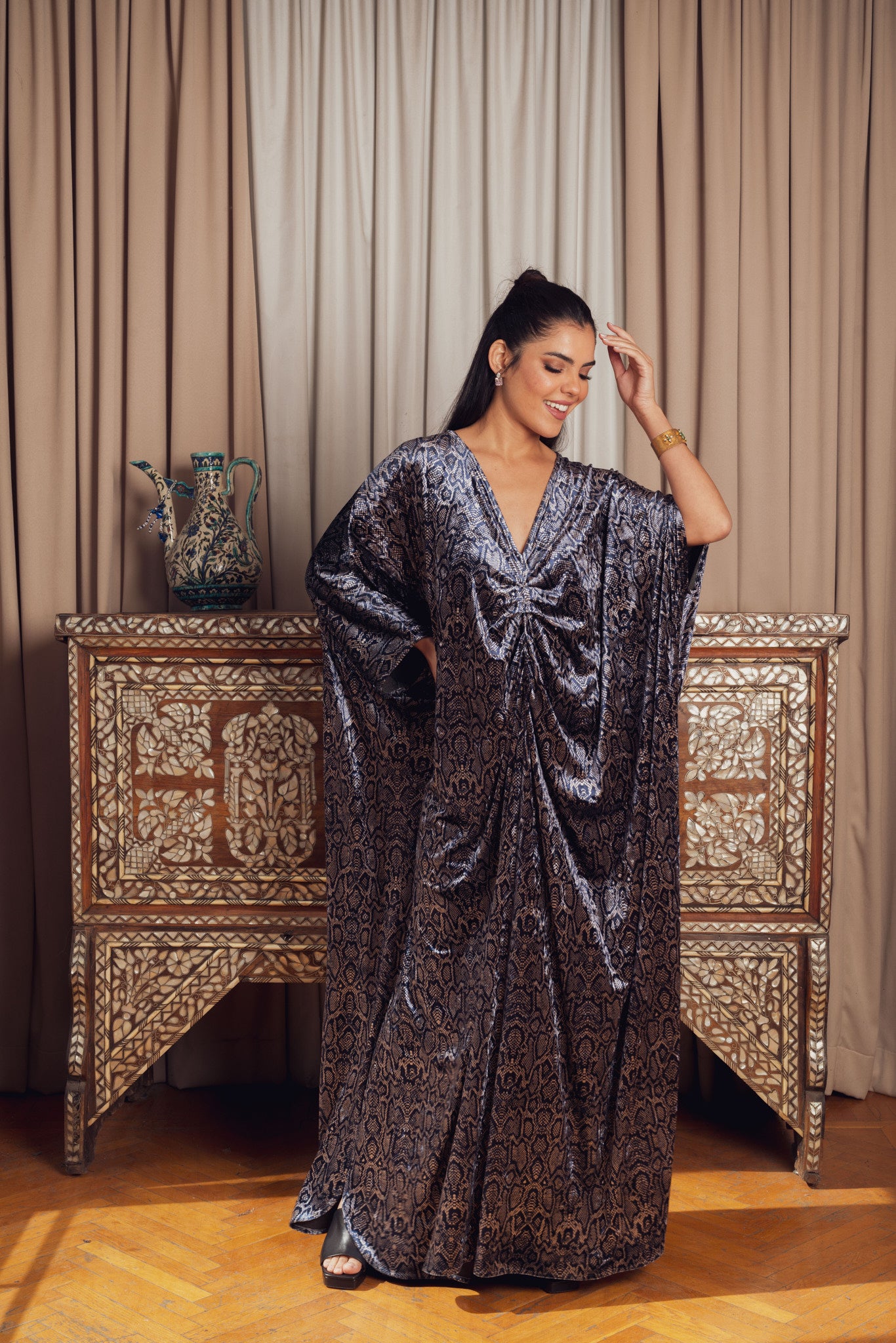Blue and Black Snake Print Kaftan Dress