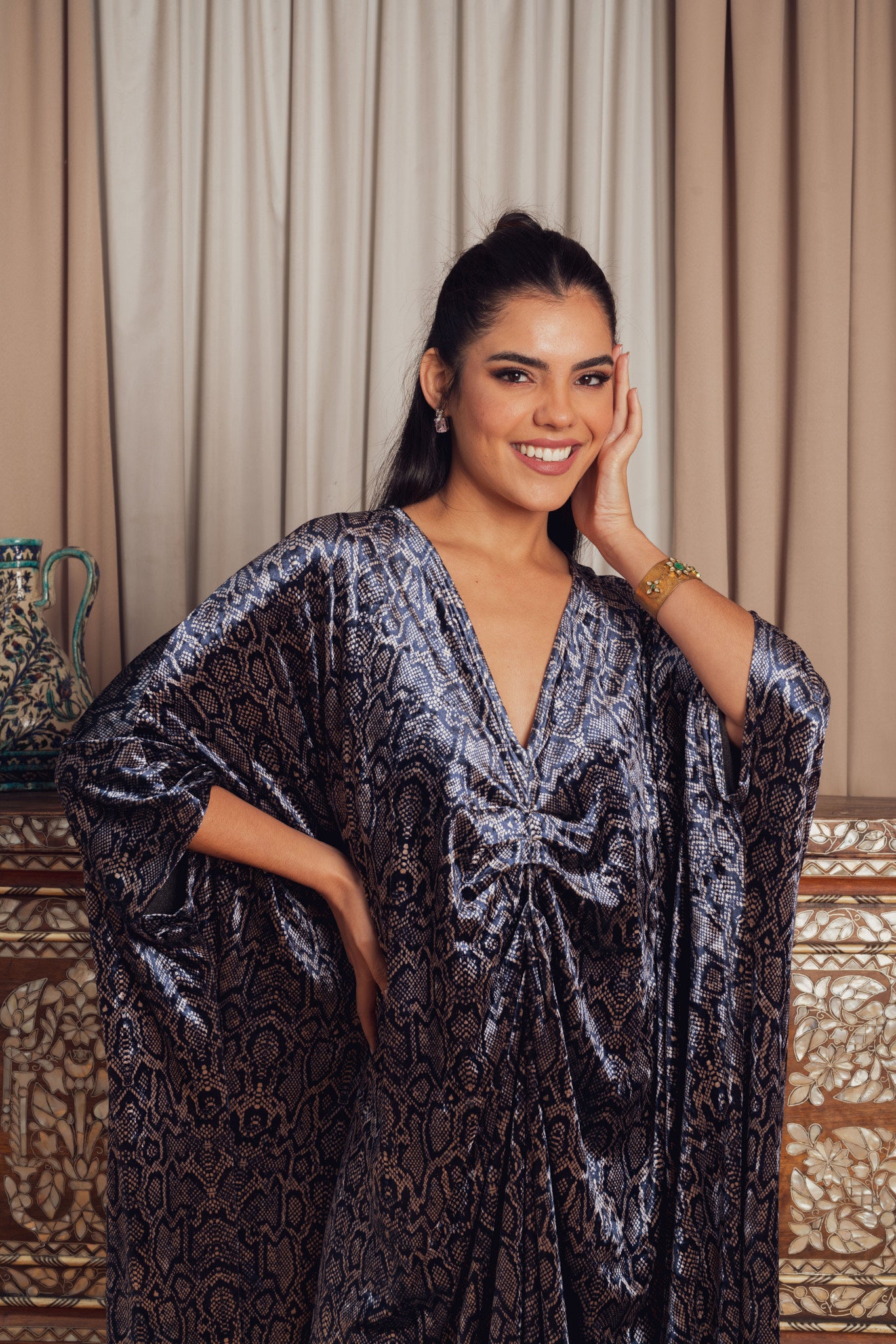 Blue and Black Snake Print Kaftan Dress