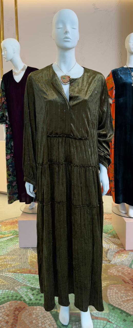 Long Sleeve Velvet Tiered Dress with Embellishments