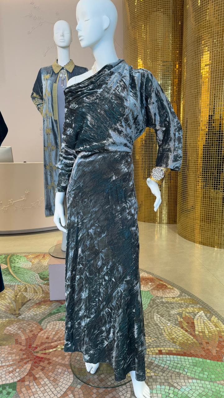 Textured Velvet Dress with One Shoulder Design