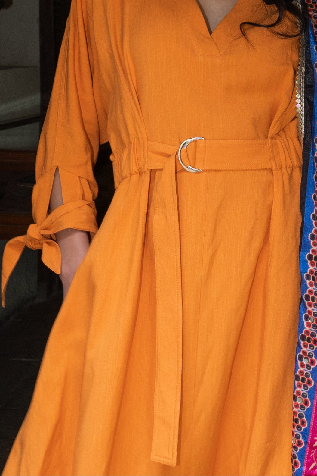 Orange Linen Tie-belt Dress