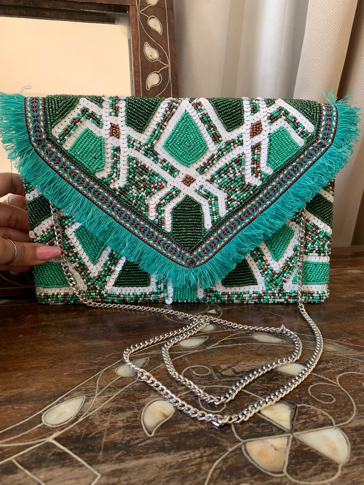 Turquoise Beaded Envelope Clutch Bag