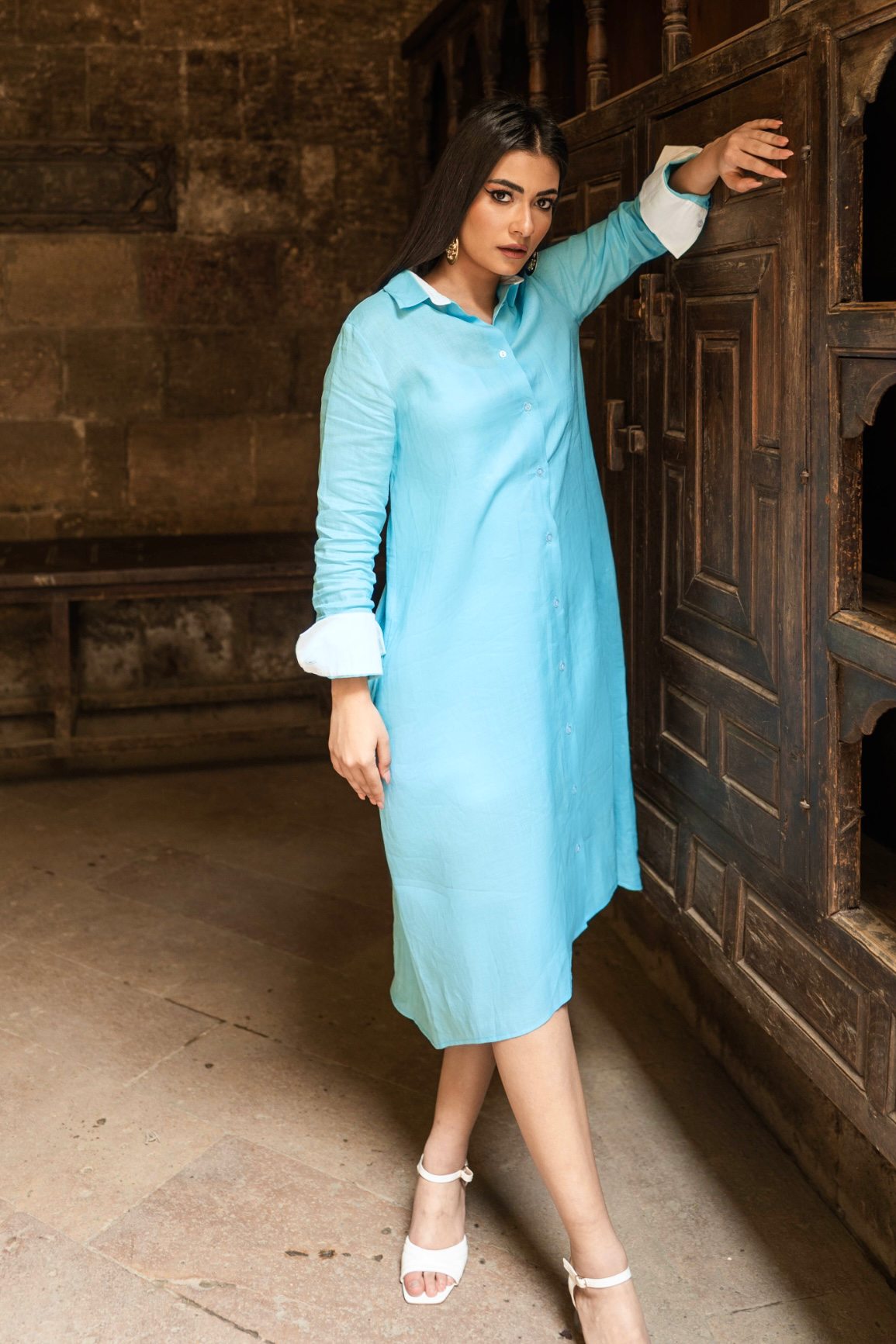 Sky blue Linen Shirt Dress