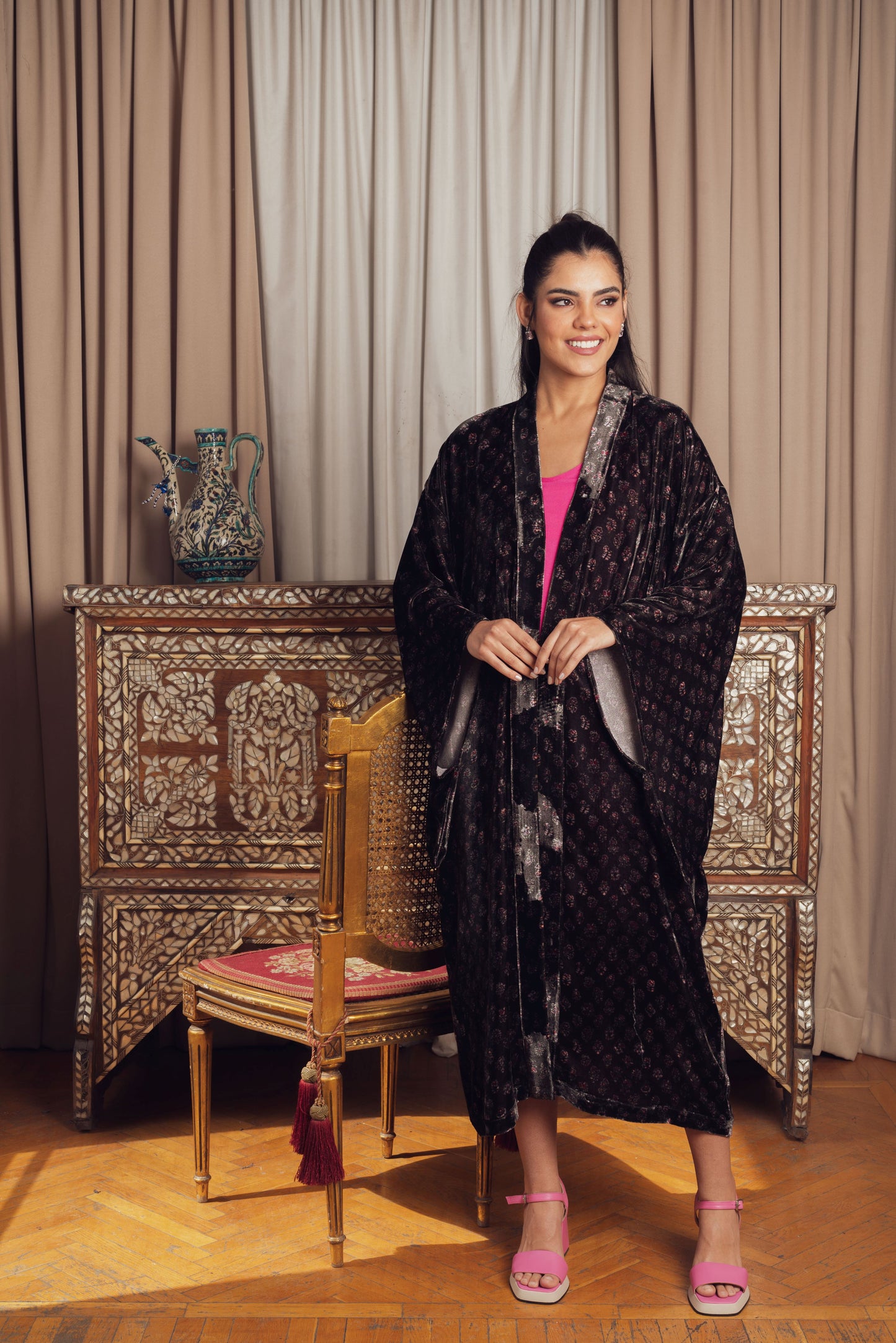 A black velvet embroidered kimono with wide sleeves