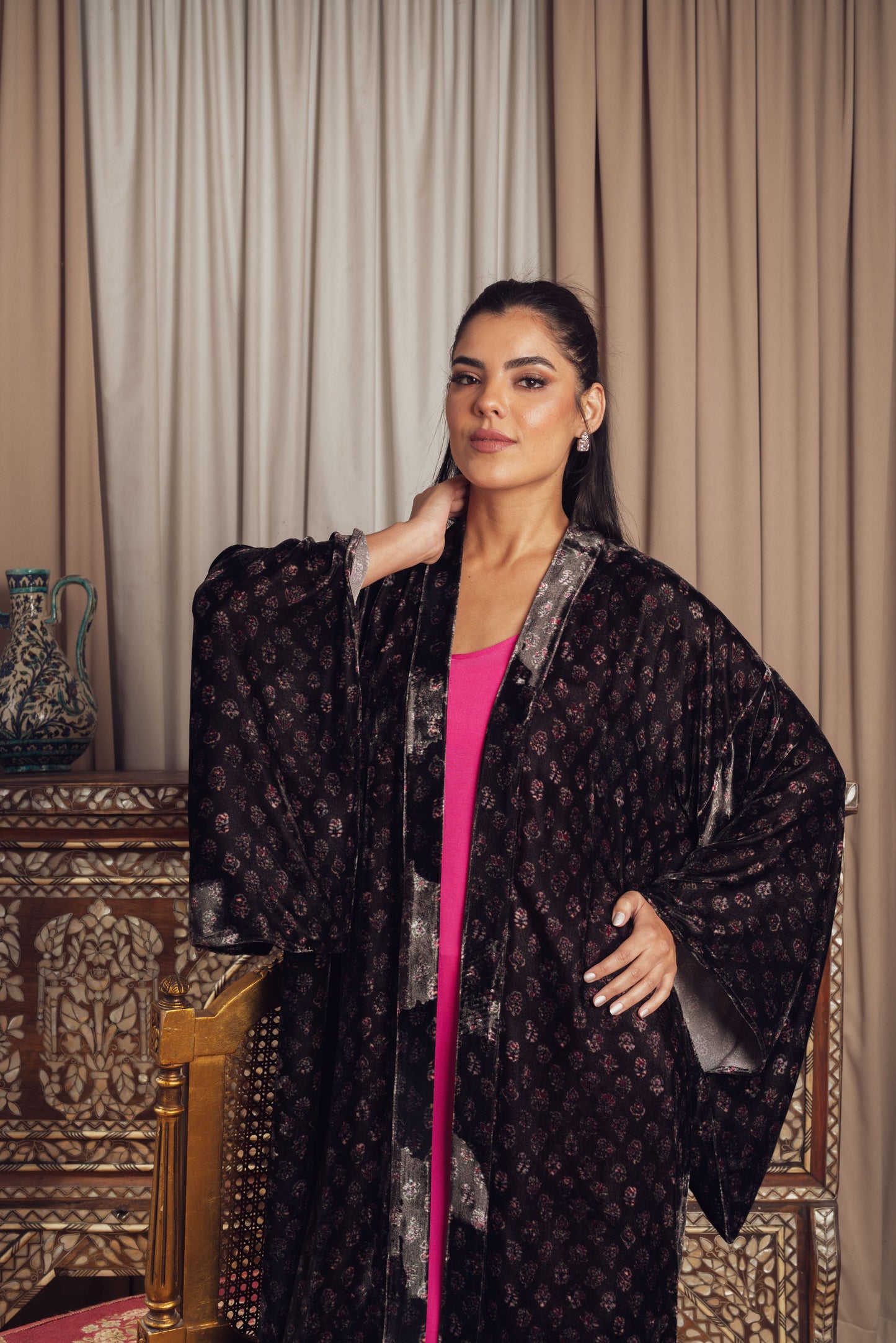 A black velvet embroidered kimono with wide sleeves