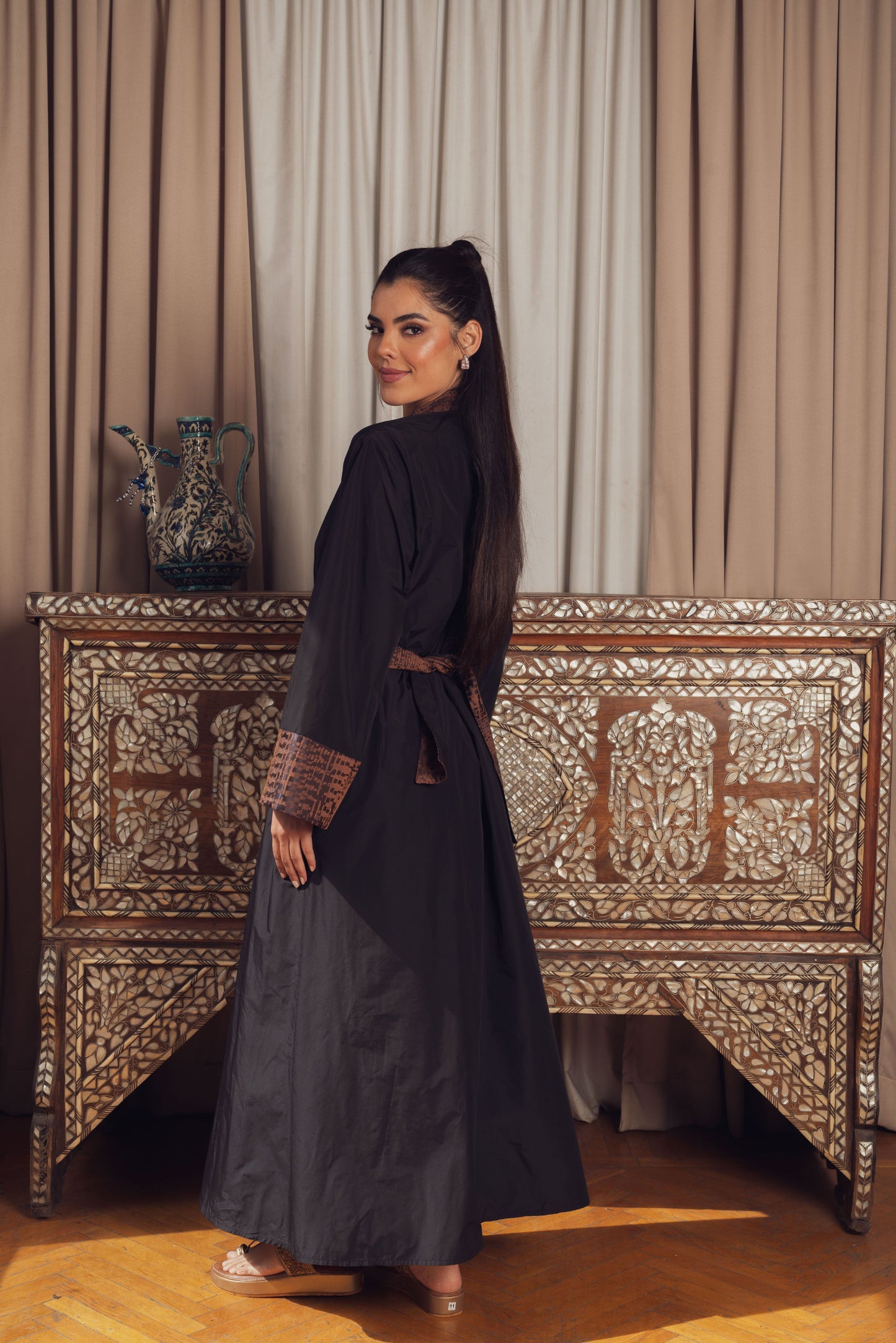 Black Kimono with Abstract Print Trim and Belt.