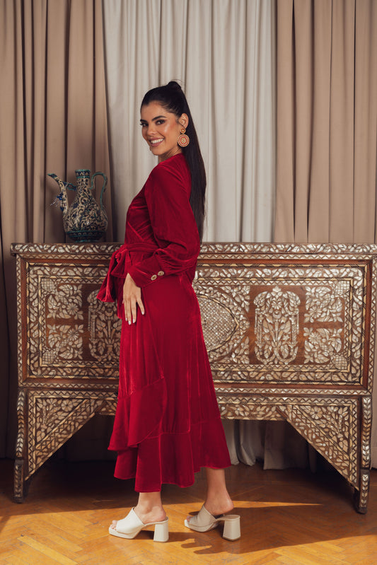 A stunning red velvet wrap dress