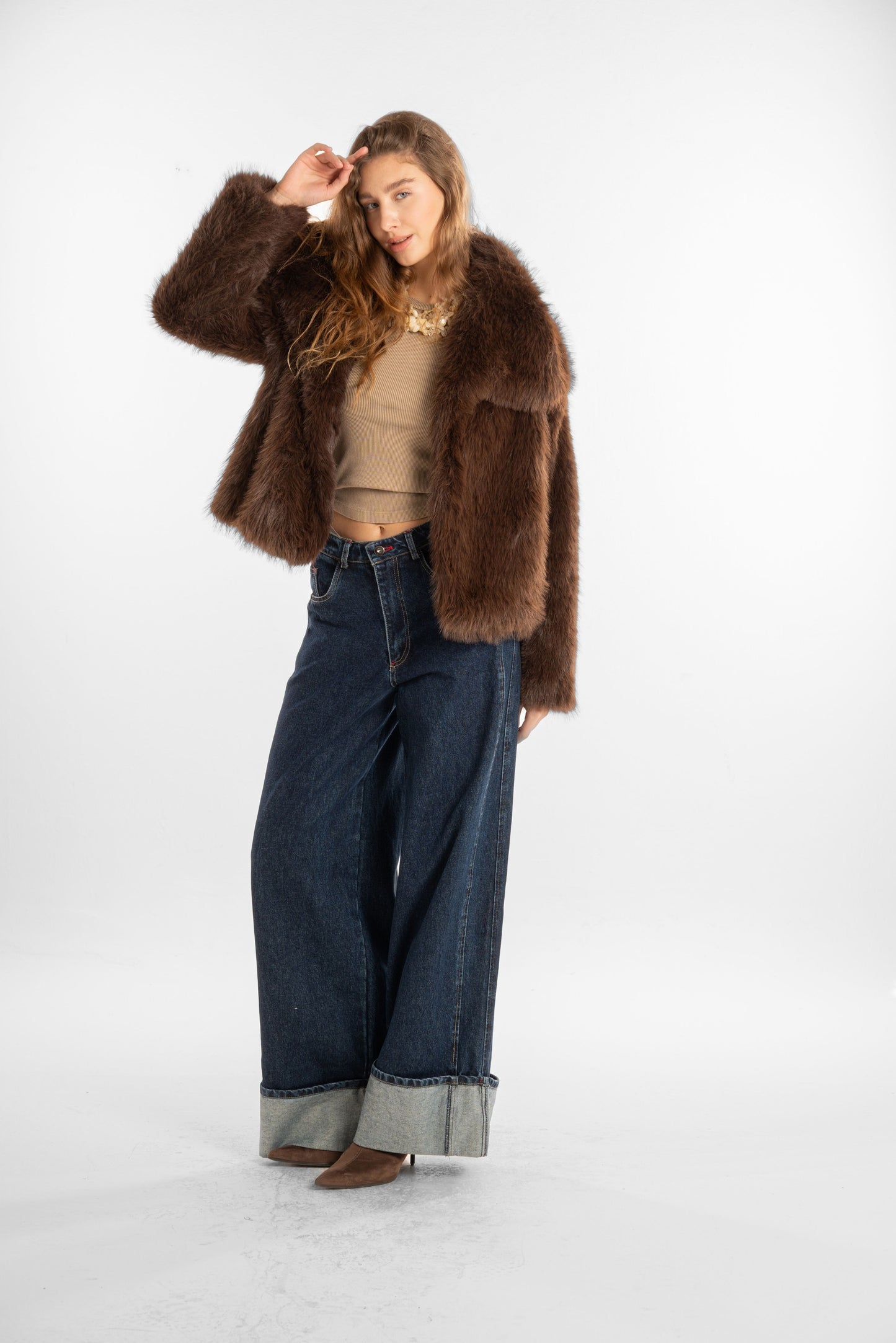 Short Brown Faux-Fur Jacket