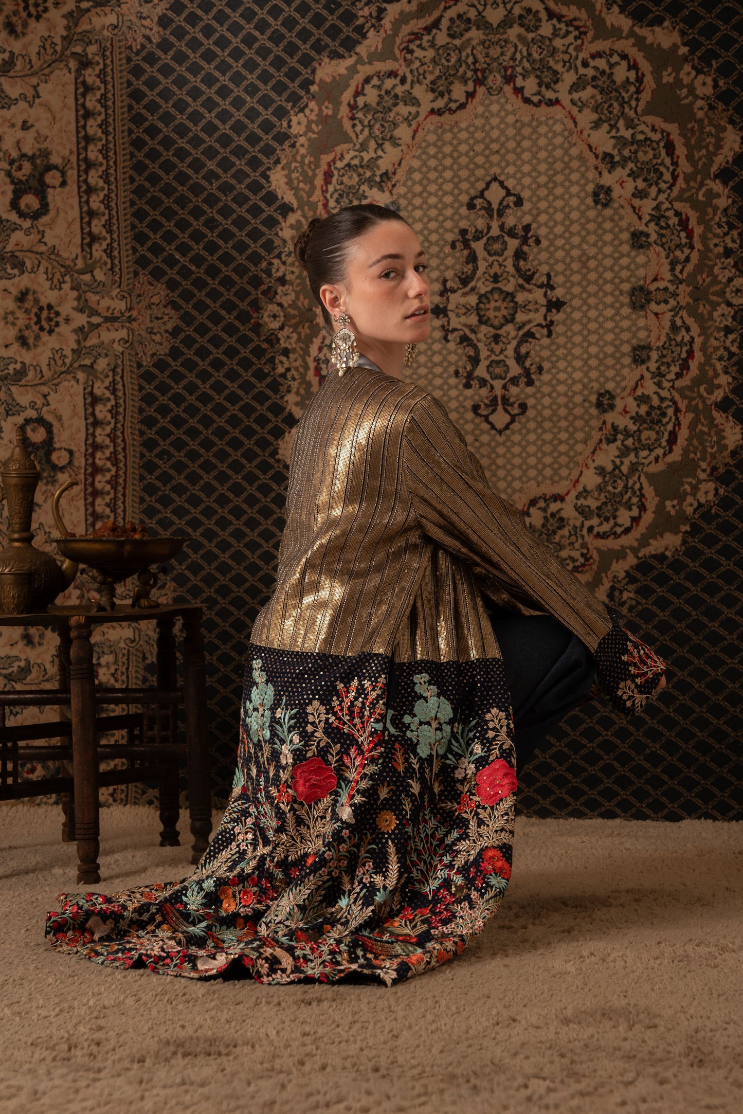 Golden Metallic Kaftan with Floral Embroidered