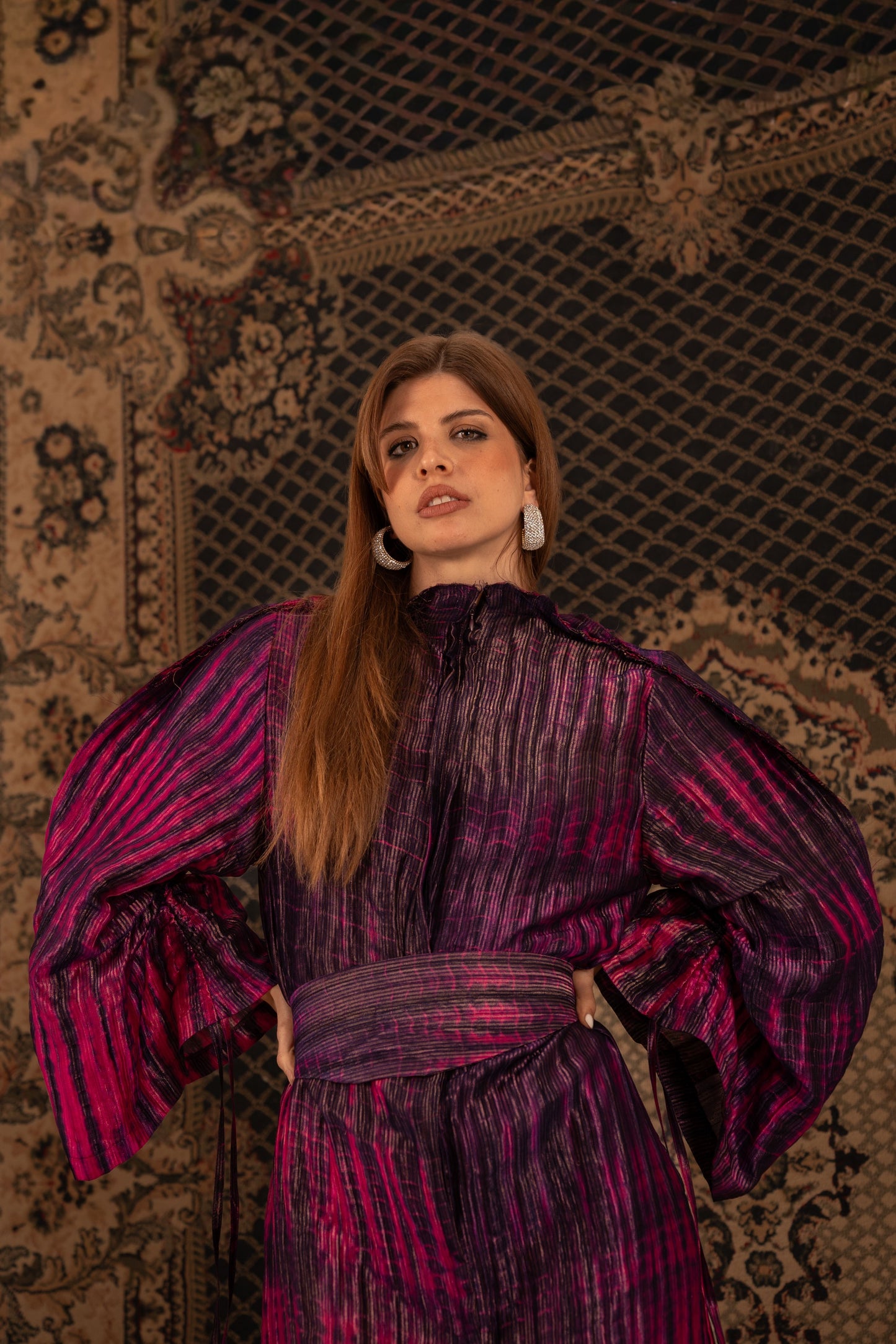 Purple Textured Midi Dress with Belt