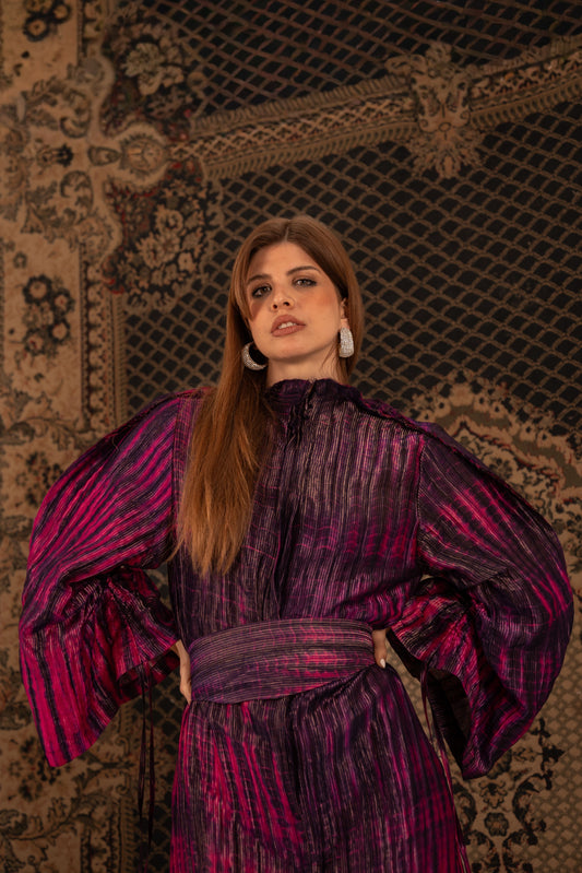 Purple Textured Midi Dress with Belt