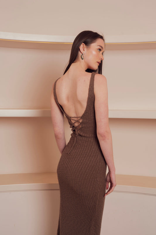 brown, form-fitting, ribbed knit midi dress