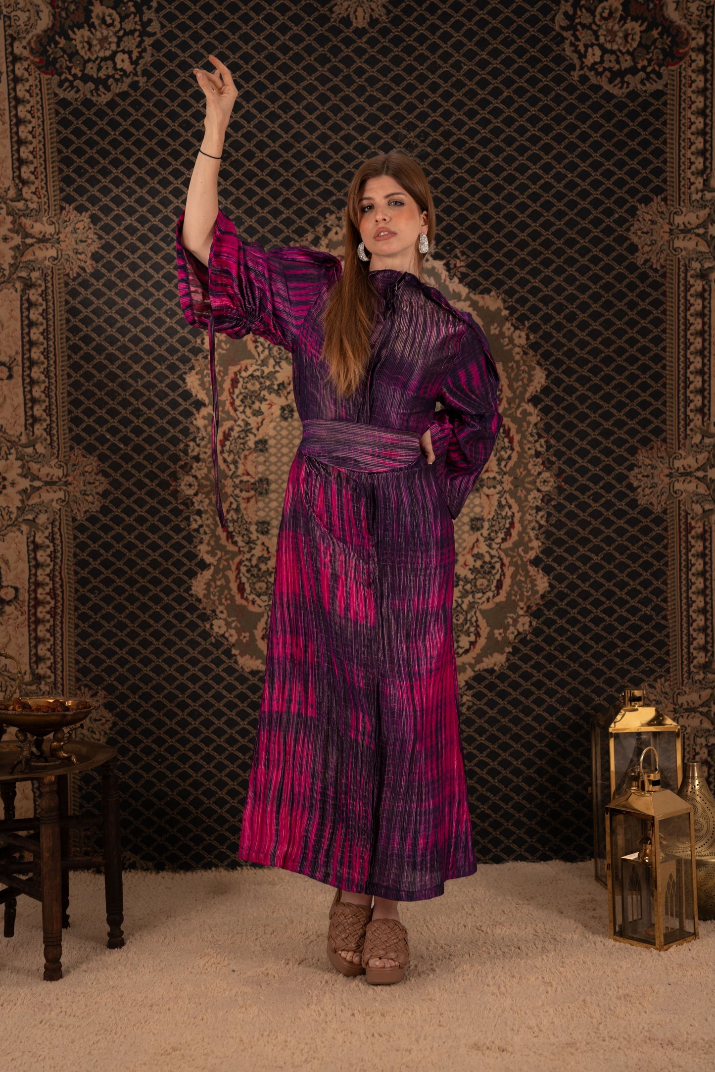 Purple Textured Midi Dress with Belt