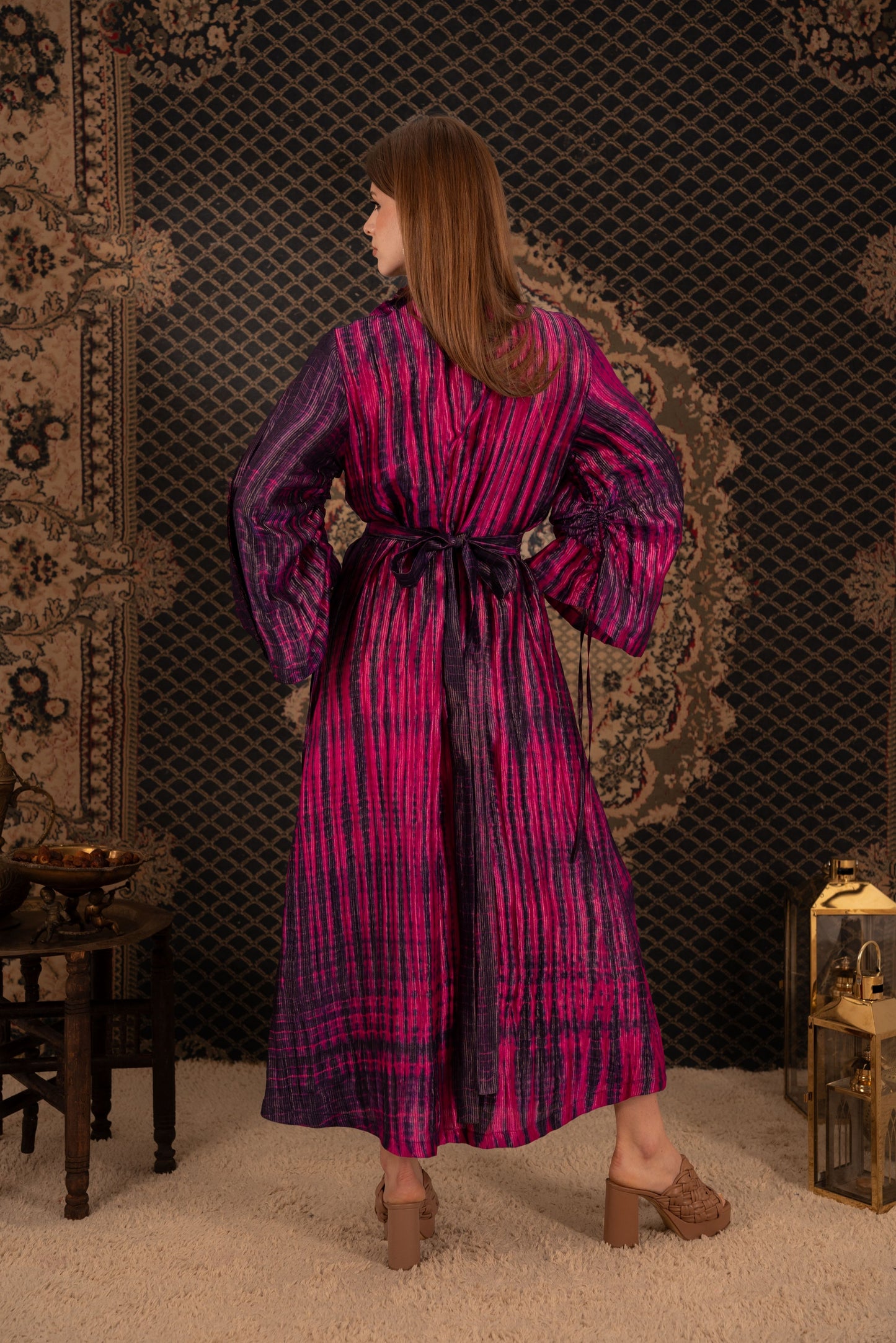 Purple Textured Midi Dress with Belt