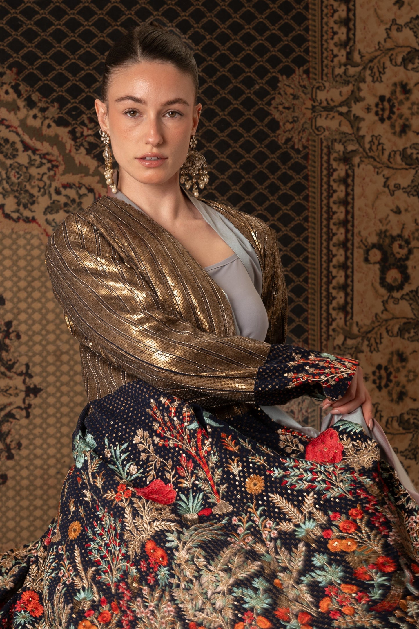 Golden Metallic Kaftan with Floral Embroidered