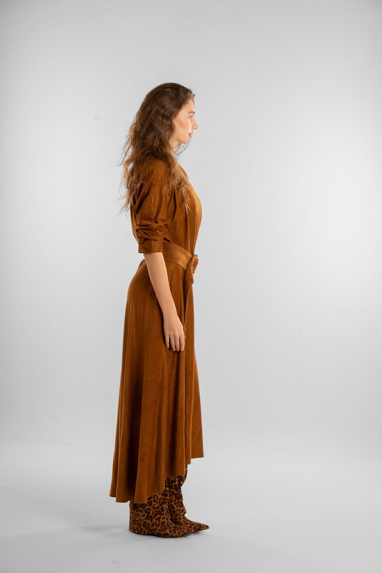 Brown Off-Shoulder Maxi Dress with Belt